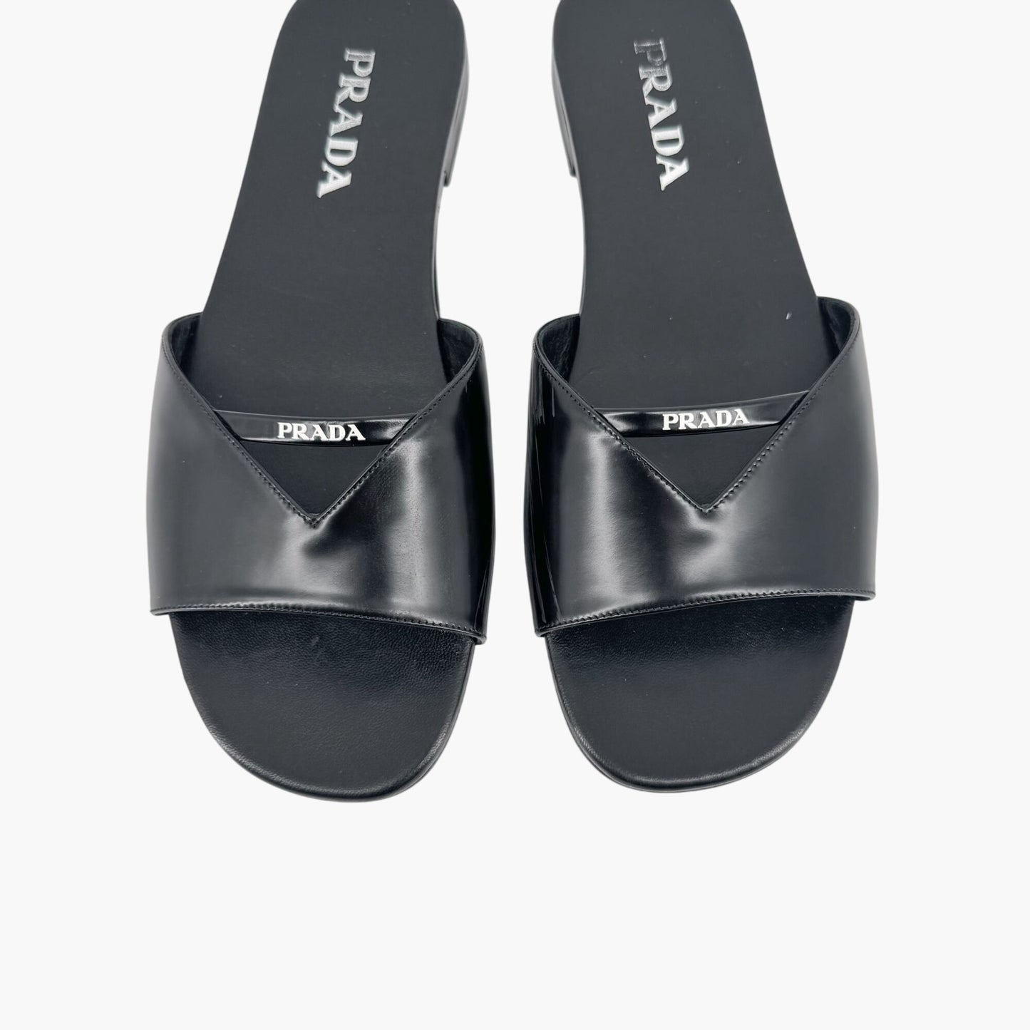 Prada Black Leather Logo Cutout Flat Mule Sandals – Size 39.5