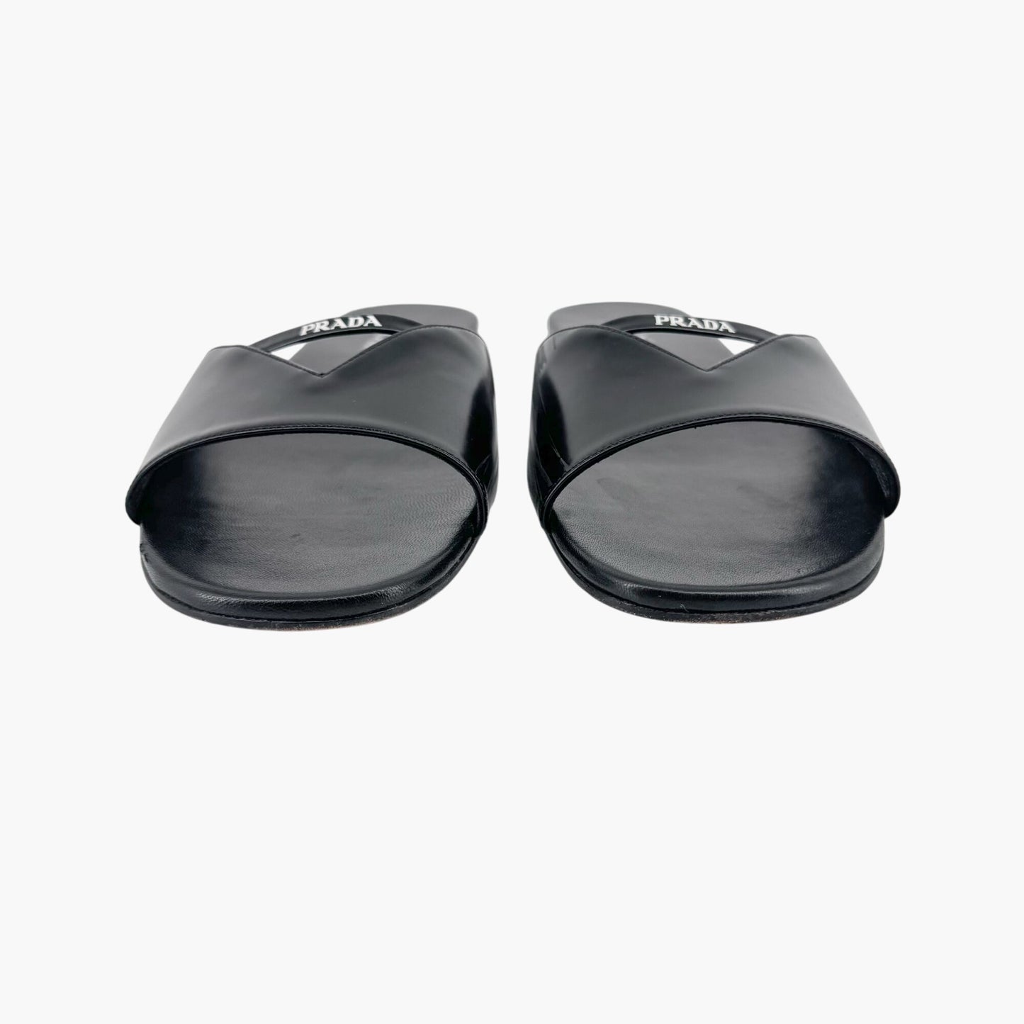 Prada Black Leather Logo Cutout Flat Mule Sandals – Size 39.5