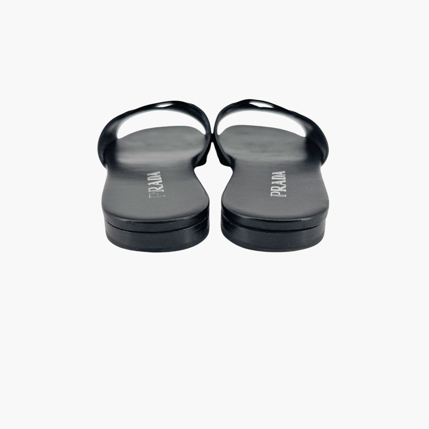Prada Black Leather Logo Cutout Flat Mule Sandals – Size 39.5