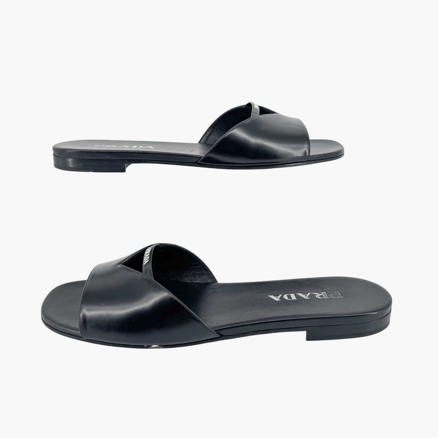 Prada Black Leather Logo Cutout Flat Mule Sandals – Size 39.5
