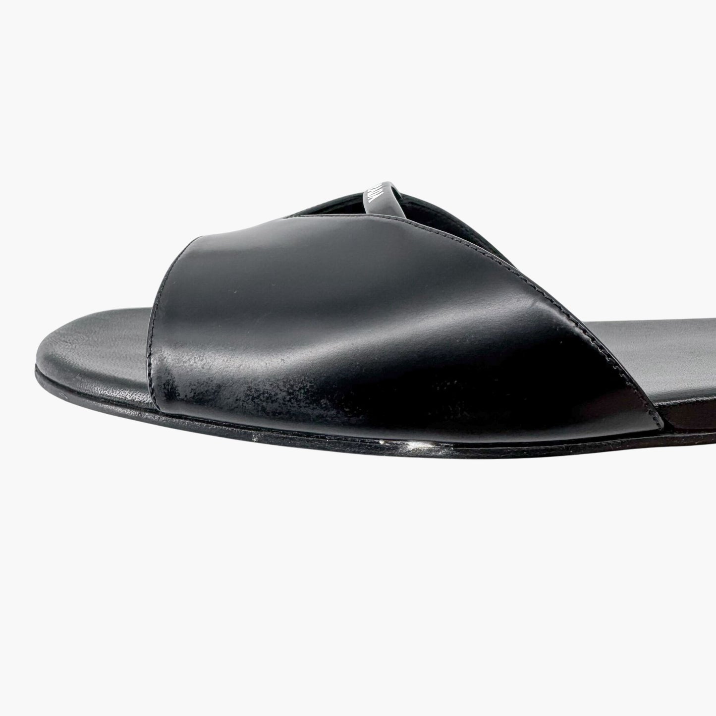 Prada Black Leather Logo Cutout Flat Mule Sandals – Size 39.5