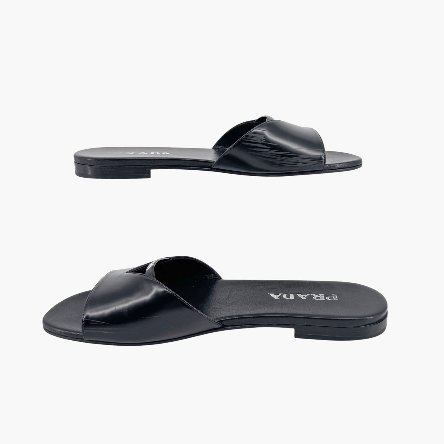 Prada Black Leather Logo Cutout Flat Mule Sandals – Size 39.5
