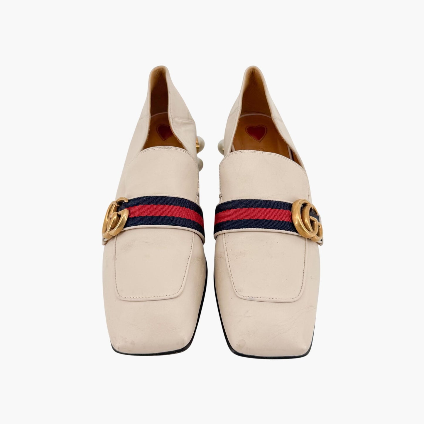 Gucci Peyton GG Pearl Embellished Loafers in White Leather Size 38