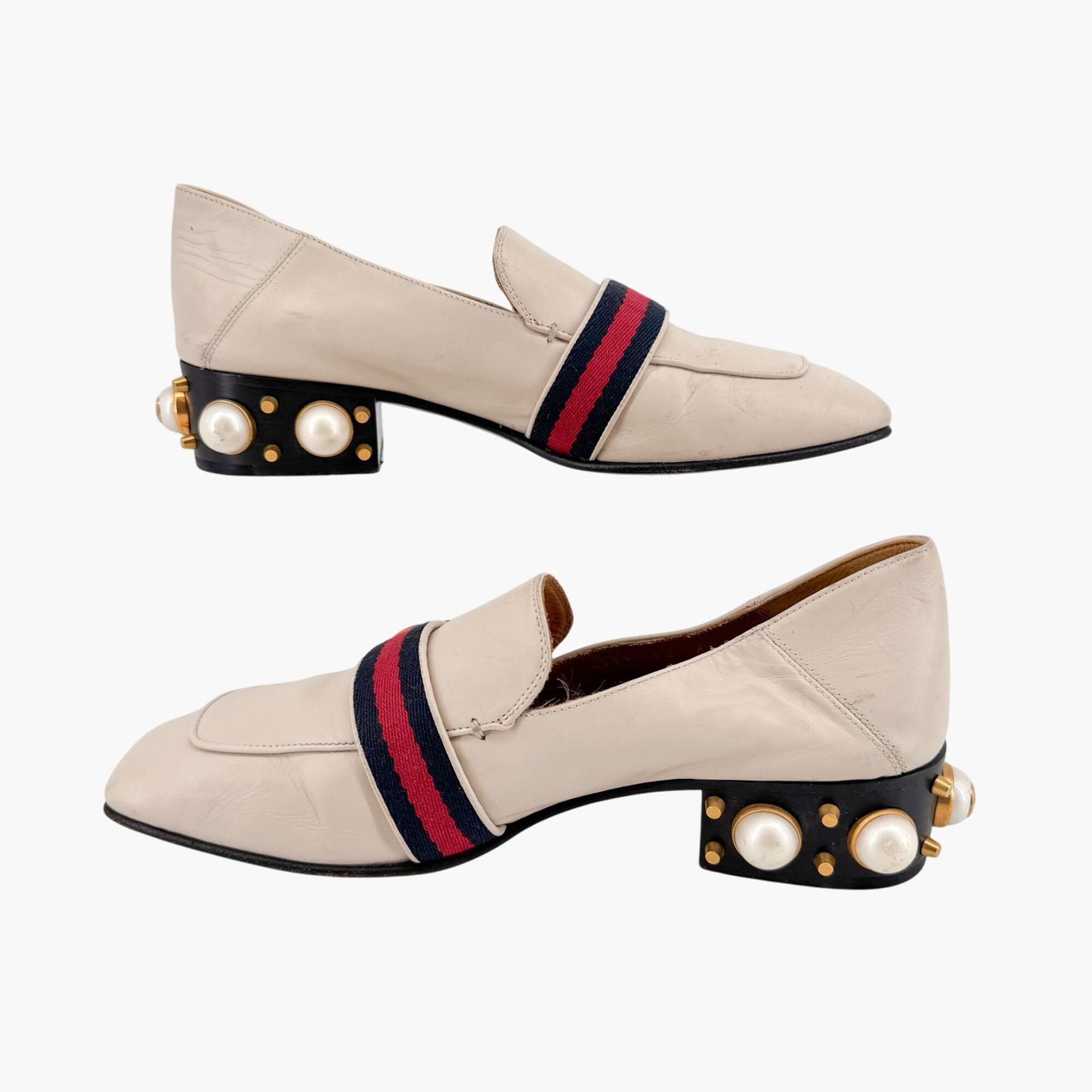 Gucci Peyton GG Pearl Embellished Loafers in White Leather Size 38