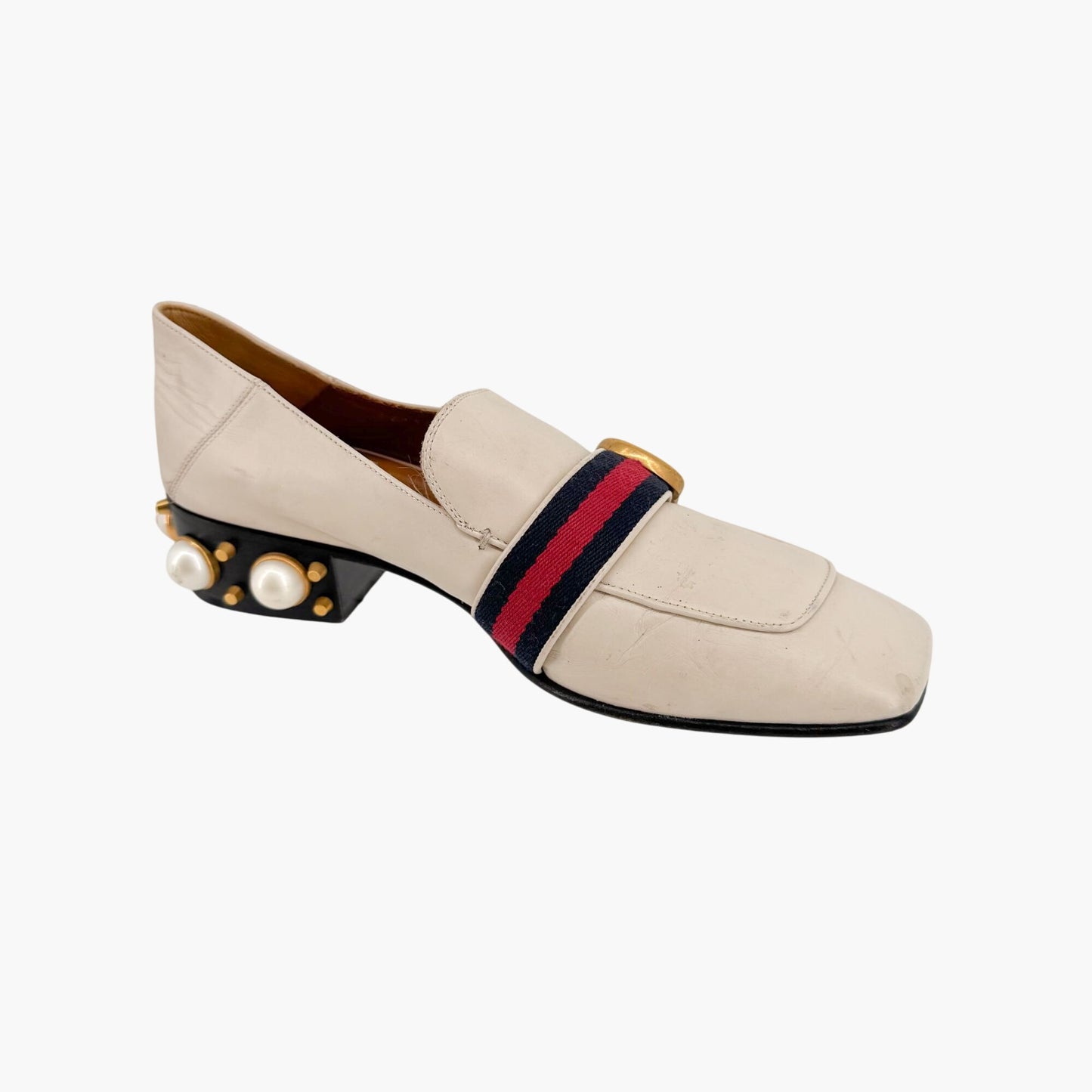 Gucci Peyton GG Pearl Embellished Loafers in White Leather Size 38