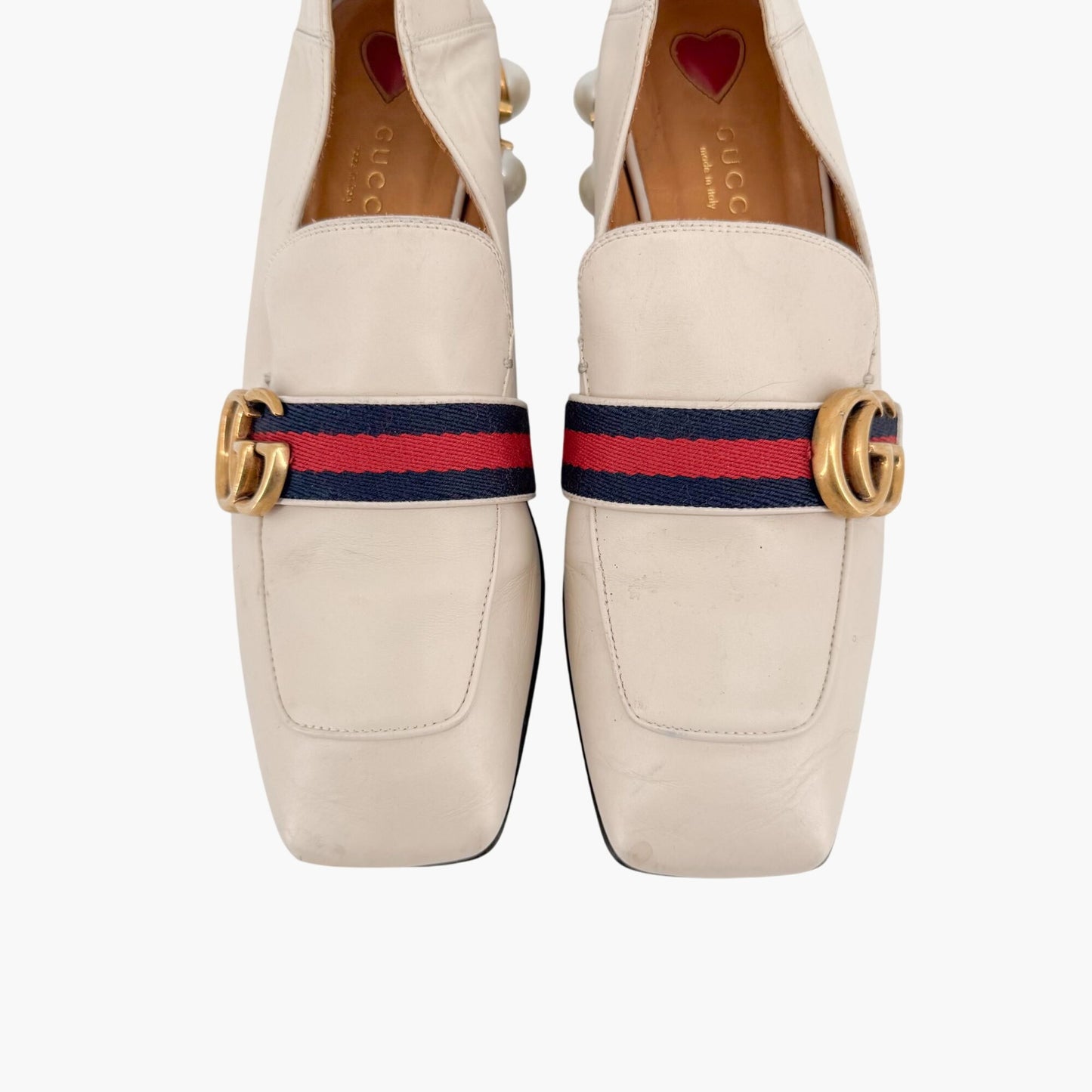 Gucci Peyton GG Pearl Embellished Loafers in White Leather Size 38