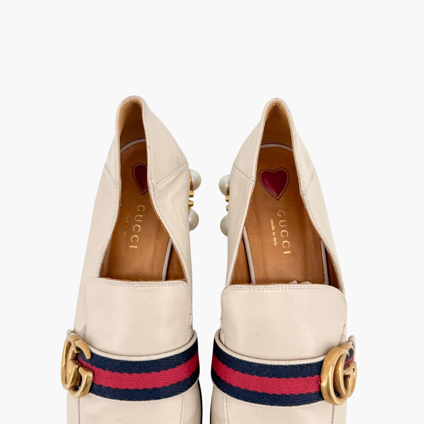 Gucci Peyton GG Pearl Embellished Loafers in White Leather Size 38