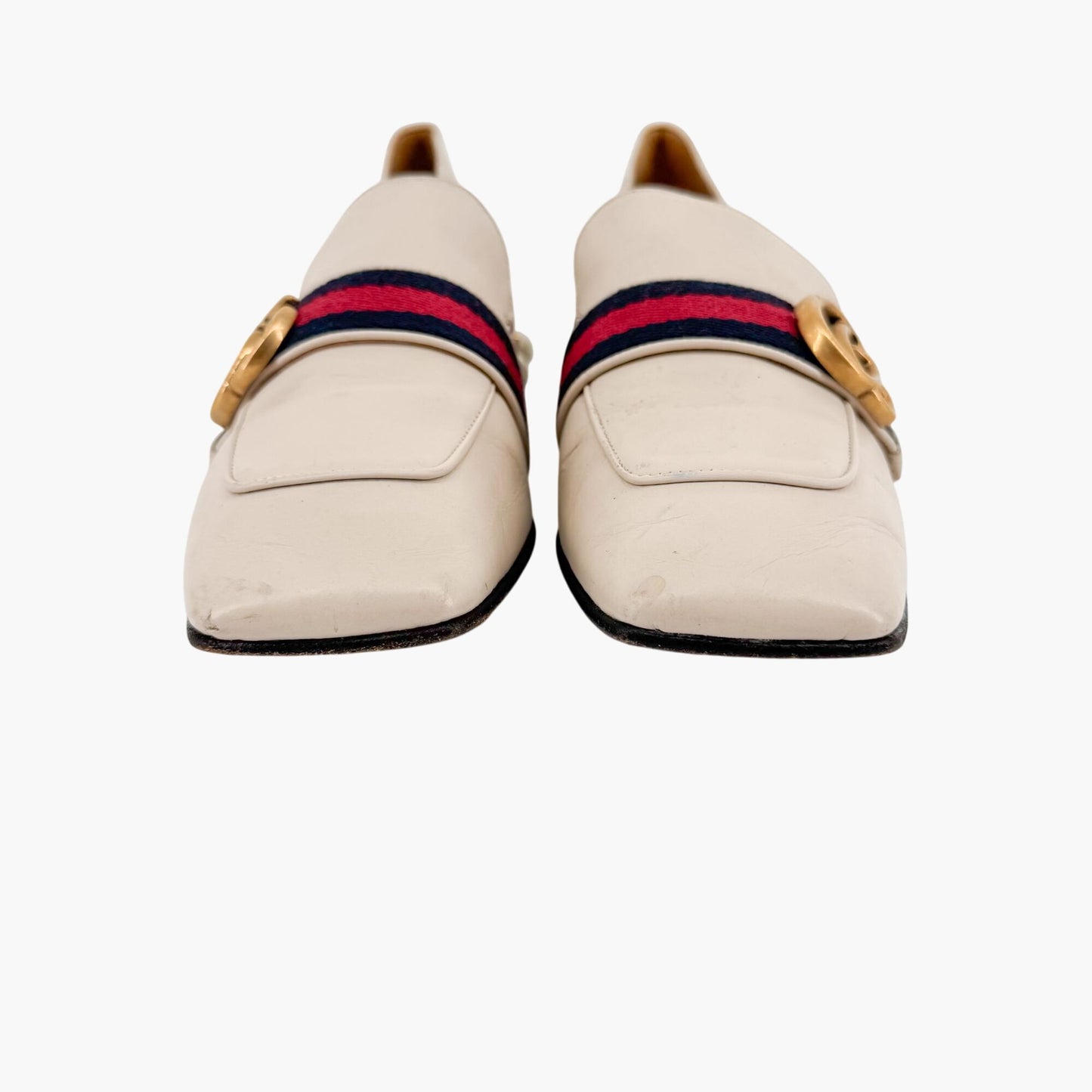Gucci Peyton GG Pearl Embellished Loafers in White Leather Size 38