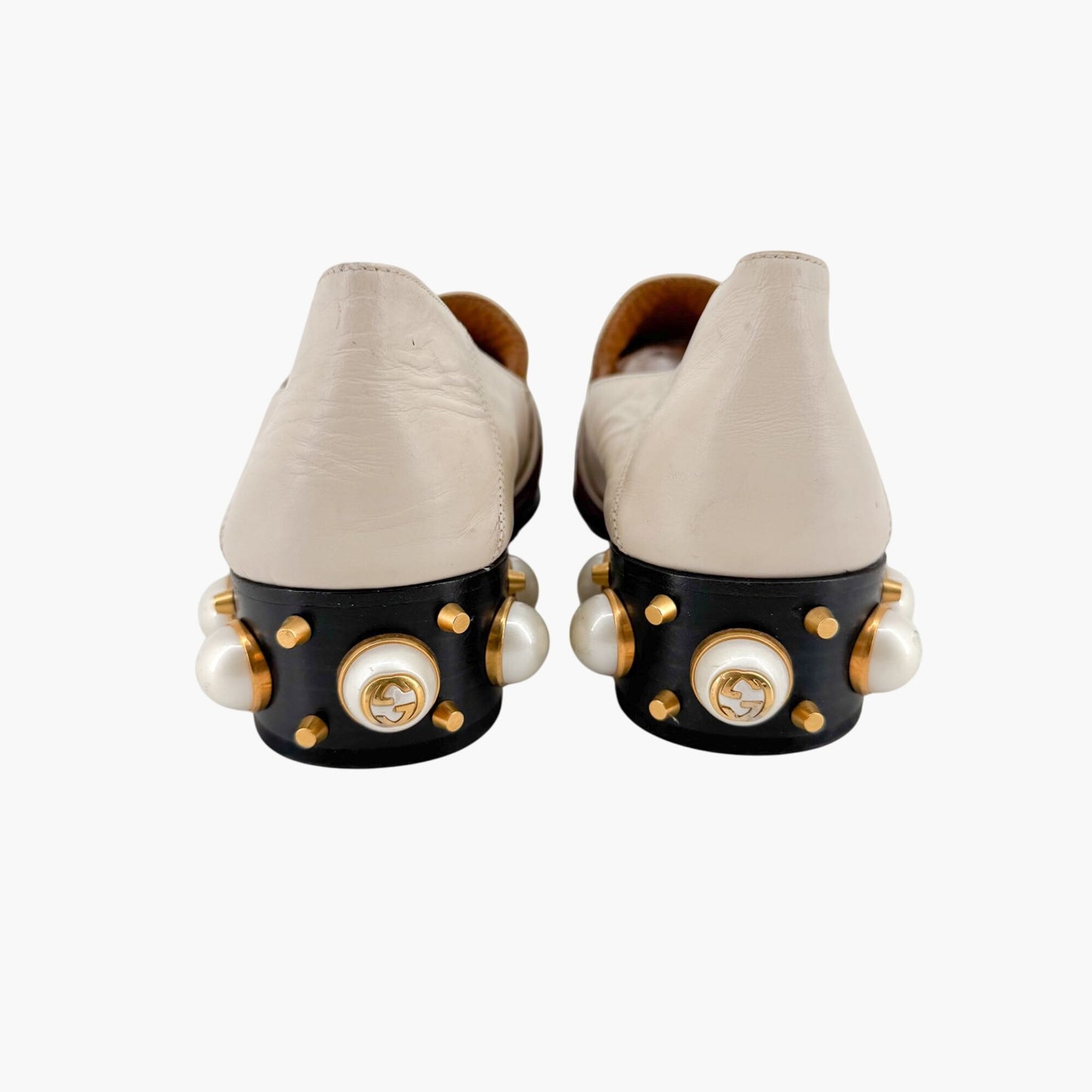 Gucci Peyton GG Pearl Embellished Loafers in White Leather Size 38