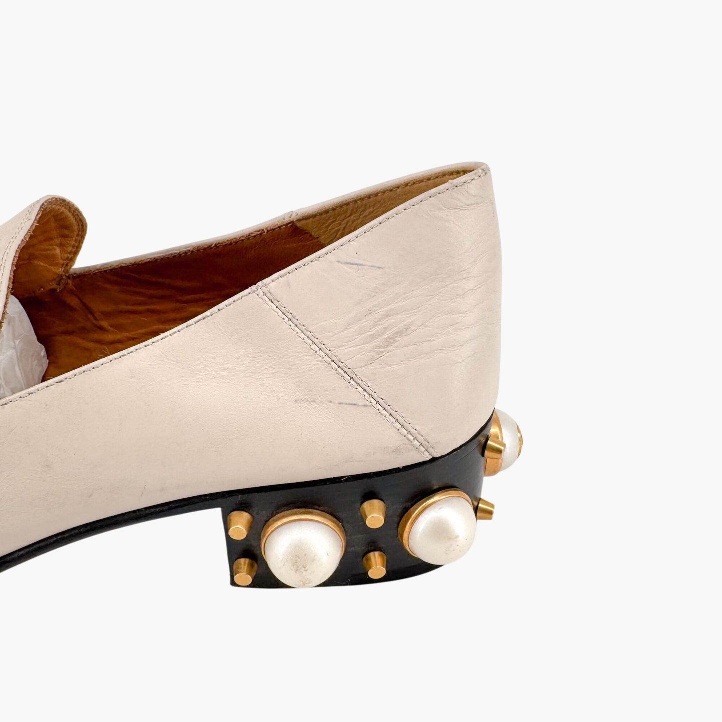 Gucci Peyton GG Pearl Embellished Loafers in White Leather Size 38