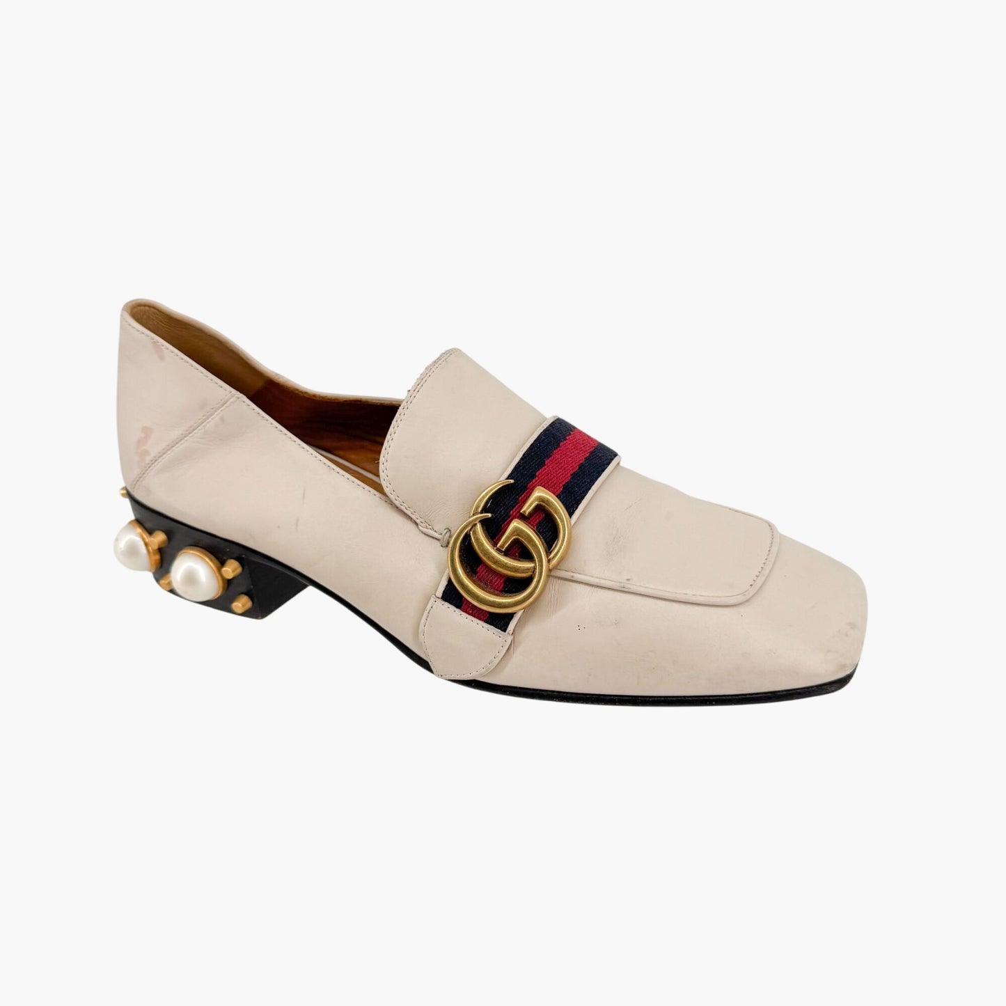 Gucci Peyton GG Pearl Embellished Loafers in White Leather Size 38