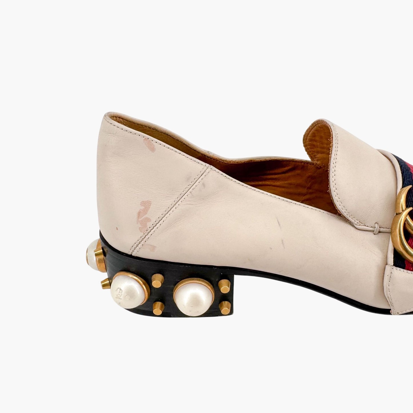 Gucci Peyton GG Pearl Embellished Loafers in White Leather Size 38