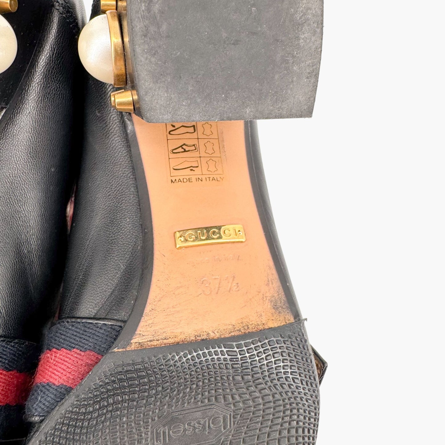 Gucci Peyton GG Pearl Embellished Block Heel Pumps in Black Leather Size 37.5
