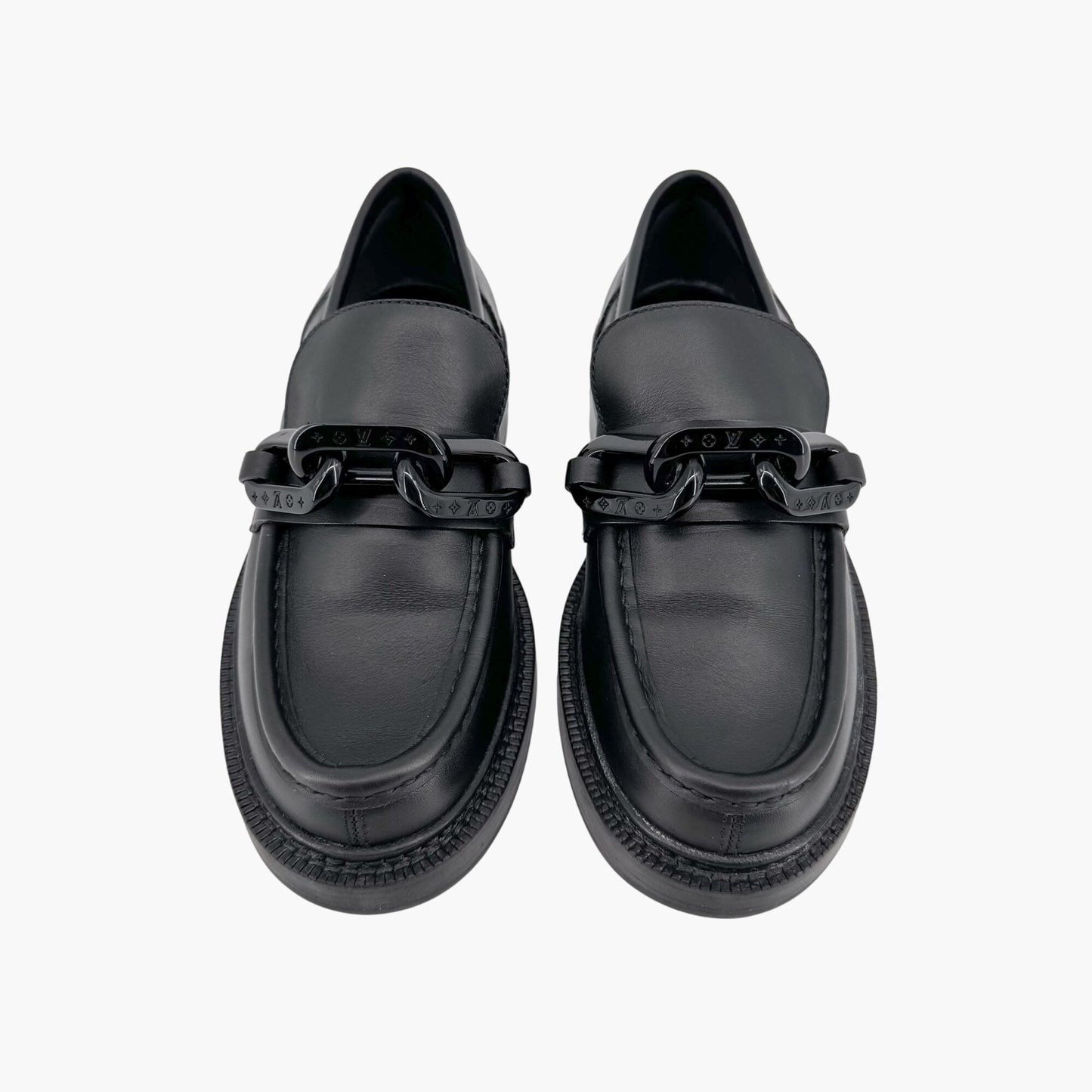 Louis Vuitton Academy Loafers in Black Leather with Monogram Chain – Size 37.5