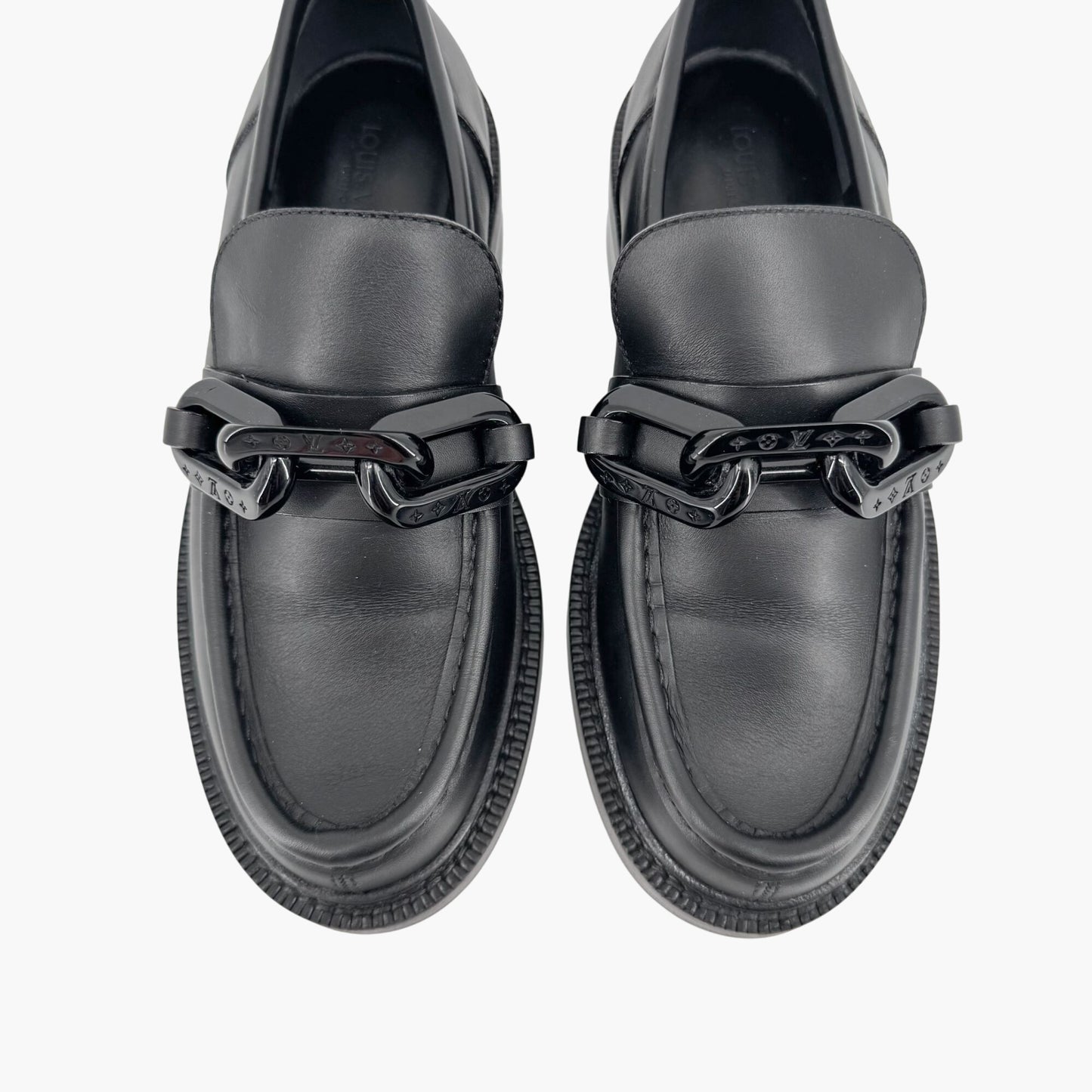 Louis Vuitton Academy Loafers in Black Leather with Monogram Chain – Size 37.5