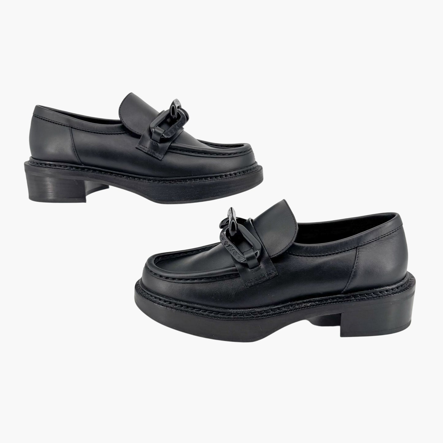 Louis Vuitton Academy Loafers in Black Leather with Monogram Chain – Size 37.5
