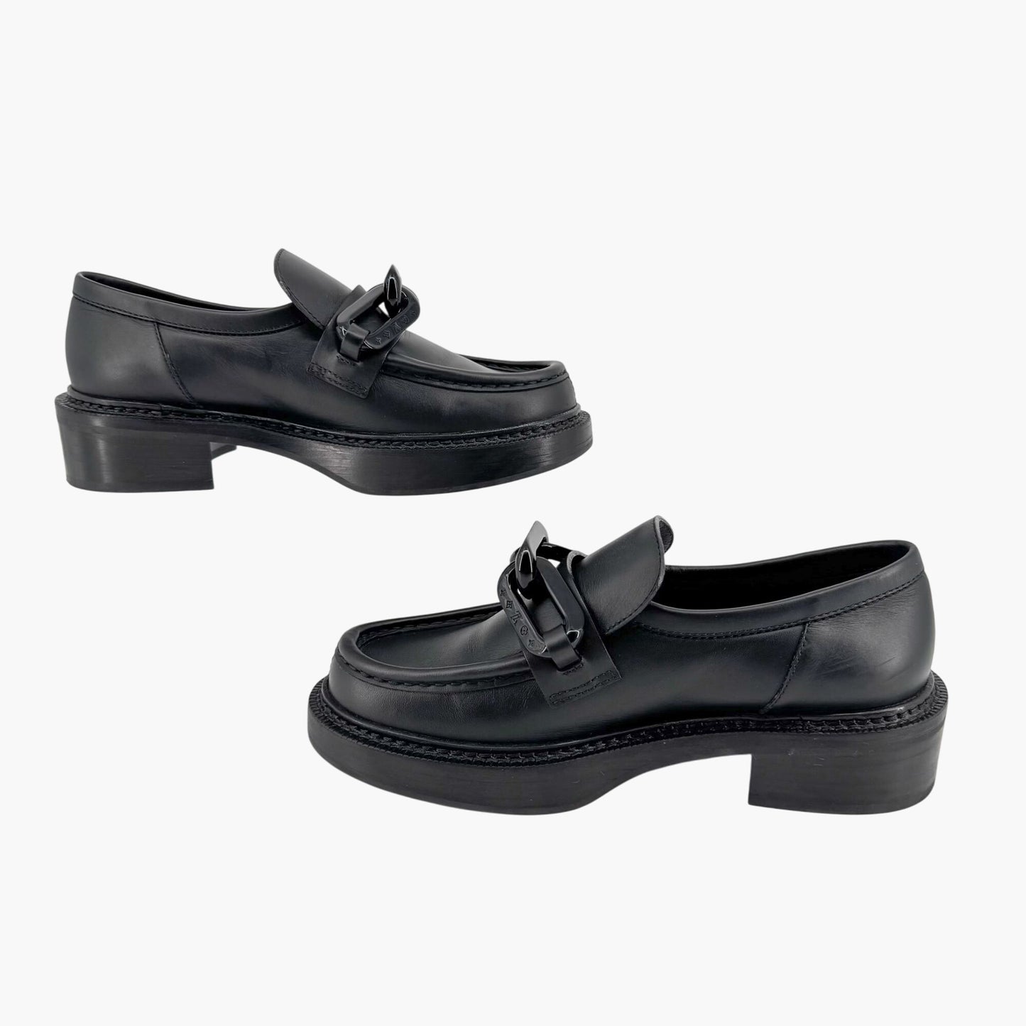 Louis Vuitton Academy Loafers in Black Leather with Monogram Chain – Size 37.5