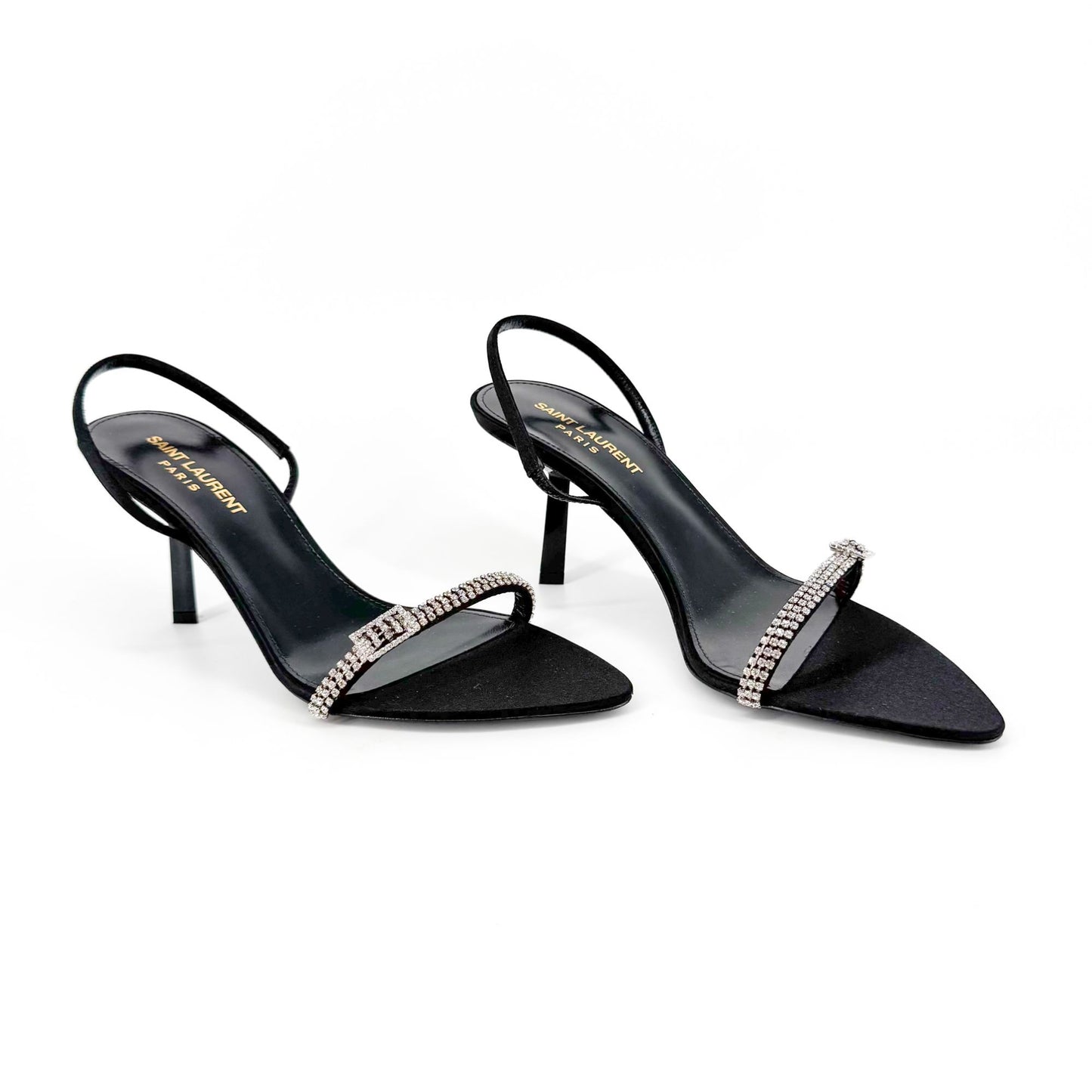 Saint Laurent Rendez Vous 75 Slingback Sandals in Black Satin with Crystals – Size 37