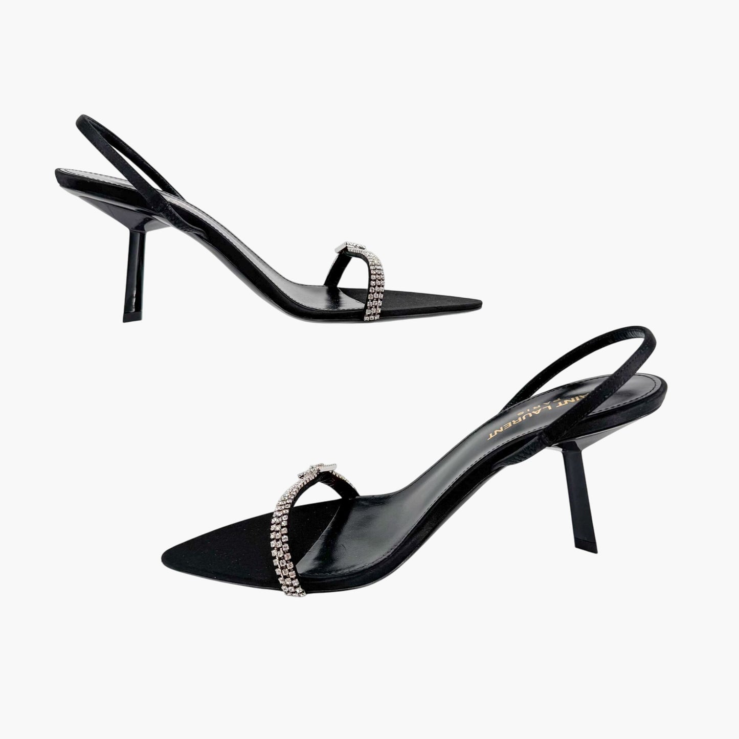 Saint Laurent Rendez Vous 75 Slingback Sandals in Black Satin with Crystals – Size 37