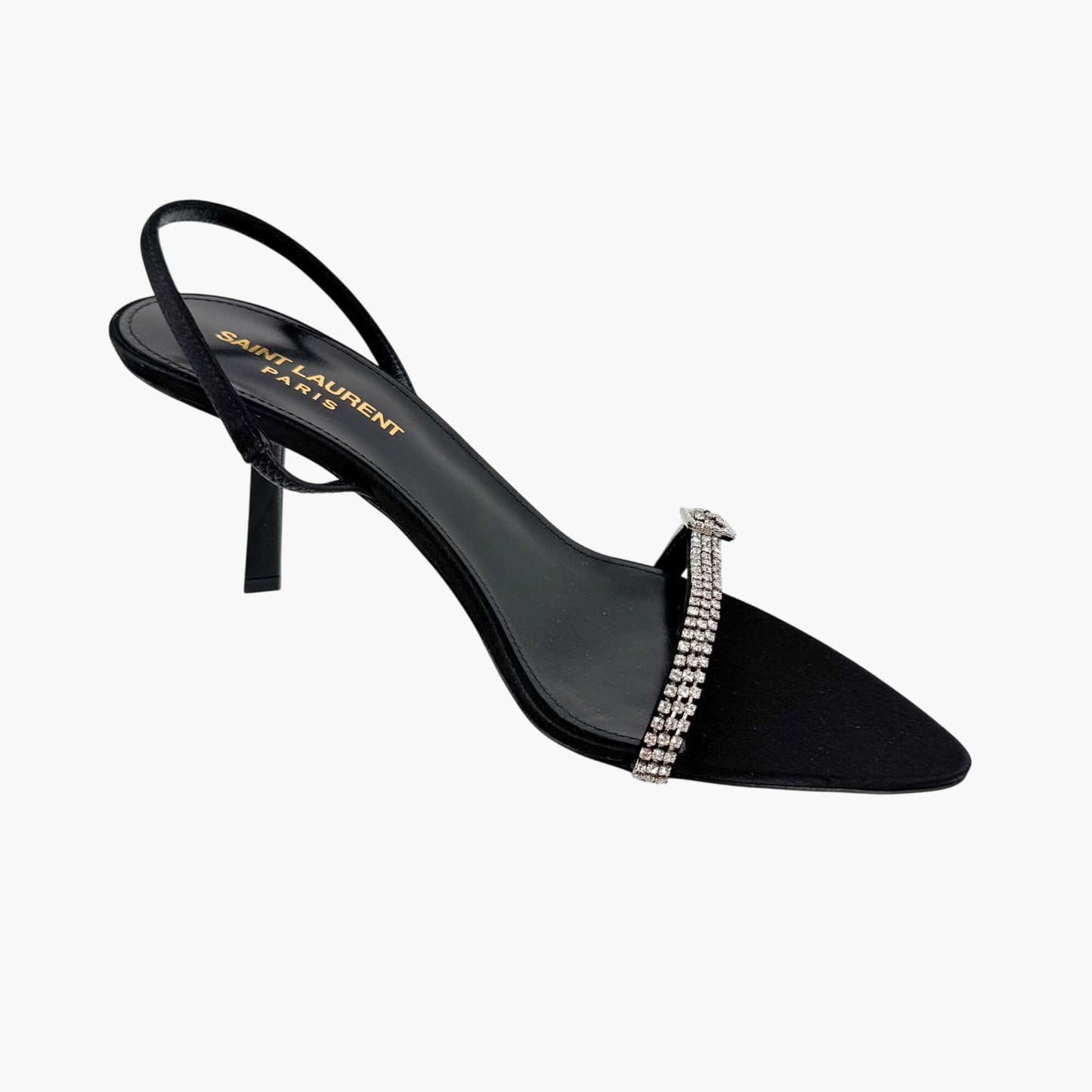 Saint Laurent Rendez Vous 75 Slingback Sandals in Black Satin with Crystals – Size 37
