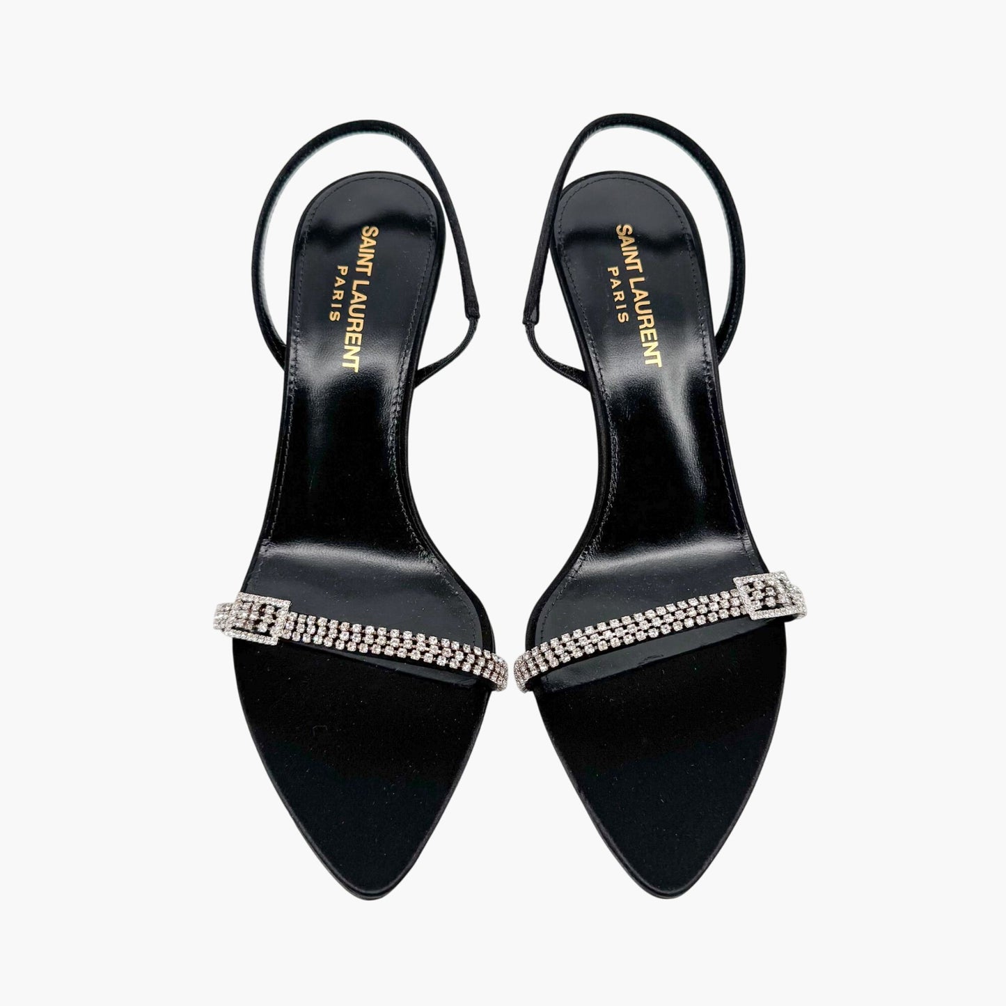 Saint Laurent Rendez Vous 75 Slingback Sandals in Black Satin with Crystals – Size 37