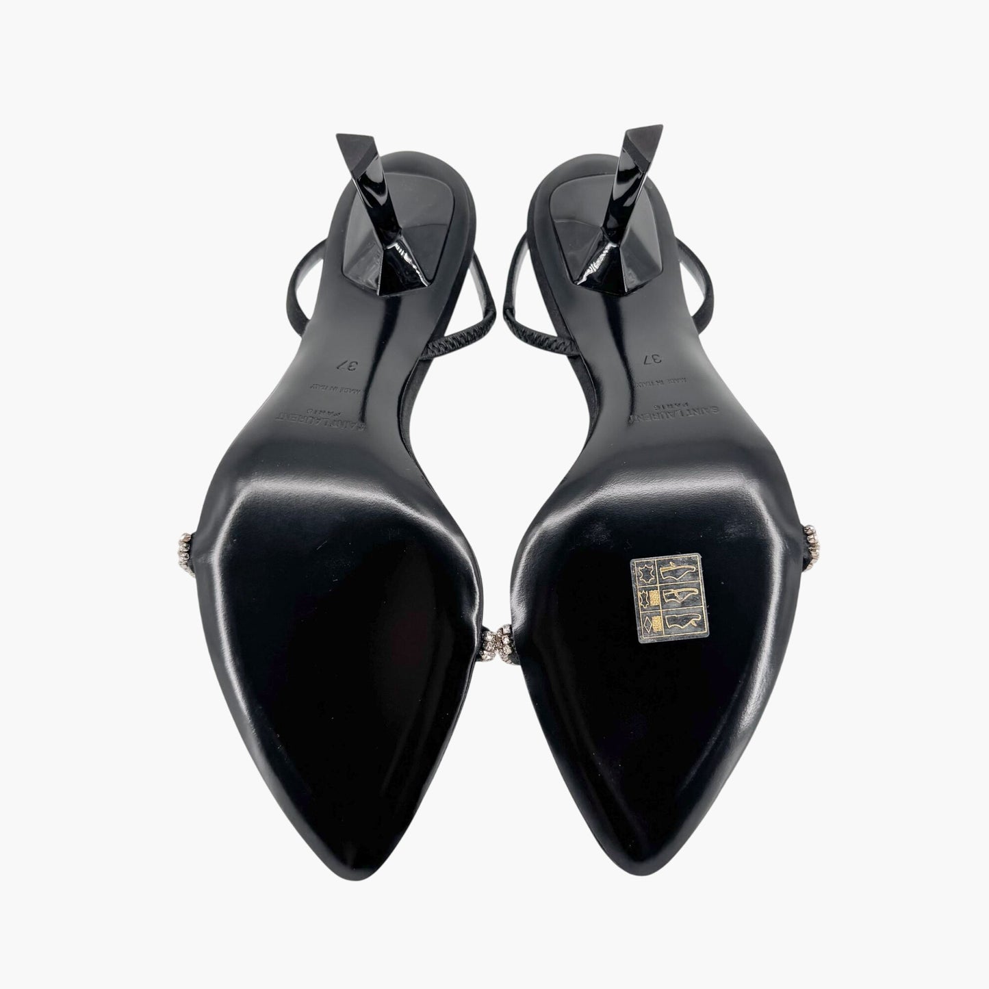 Saint Laurent Rendez Vous 75 Slingback Sandals in Black Satin with Crystals – Size 37