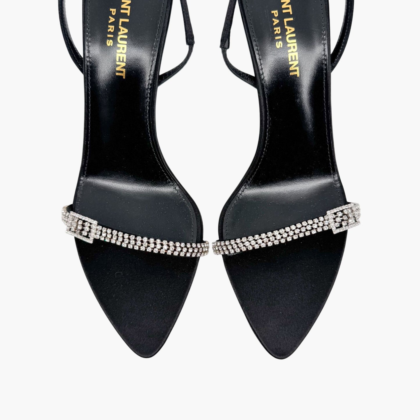 Saint Laurent Rendez Vous 75 Slingback Sandals in Black Satin with Crystals – Size 37