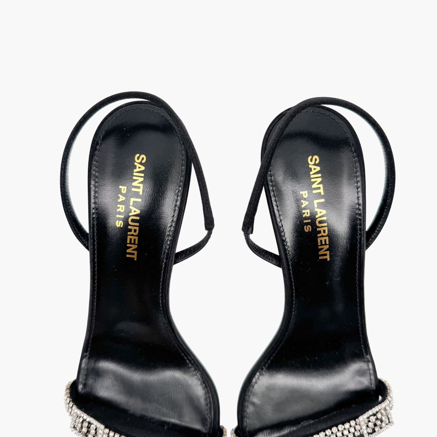 Saint Laurent Rendez Vous 75 Slingback Sandals in Black Satin with Crystals – Size 37