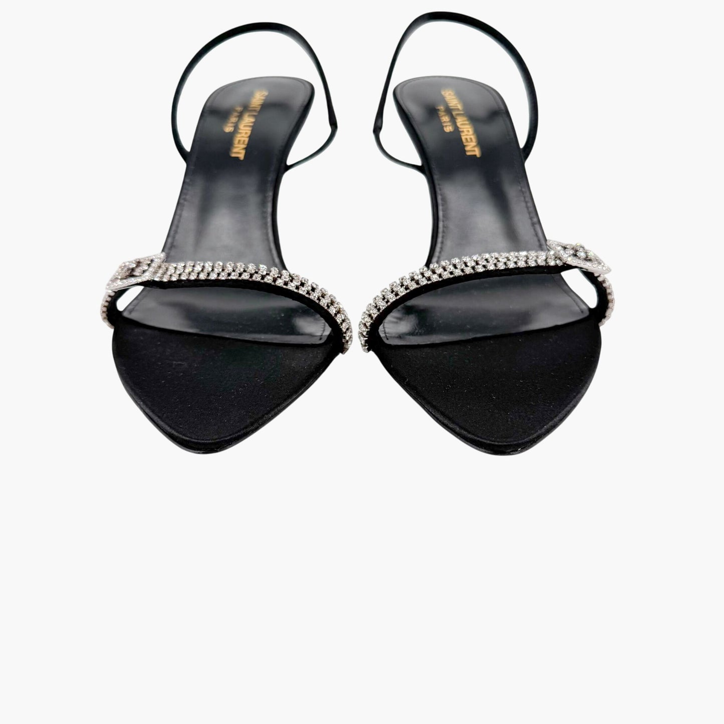Saint Laurent Rendez Vous 75 Slingback Sandals in Black Satin with Crystals – Size 37