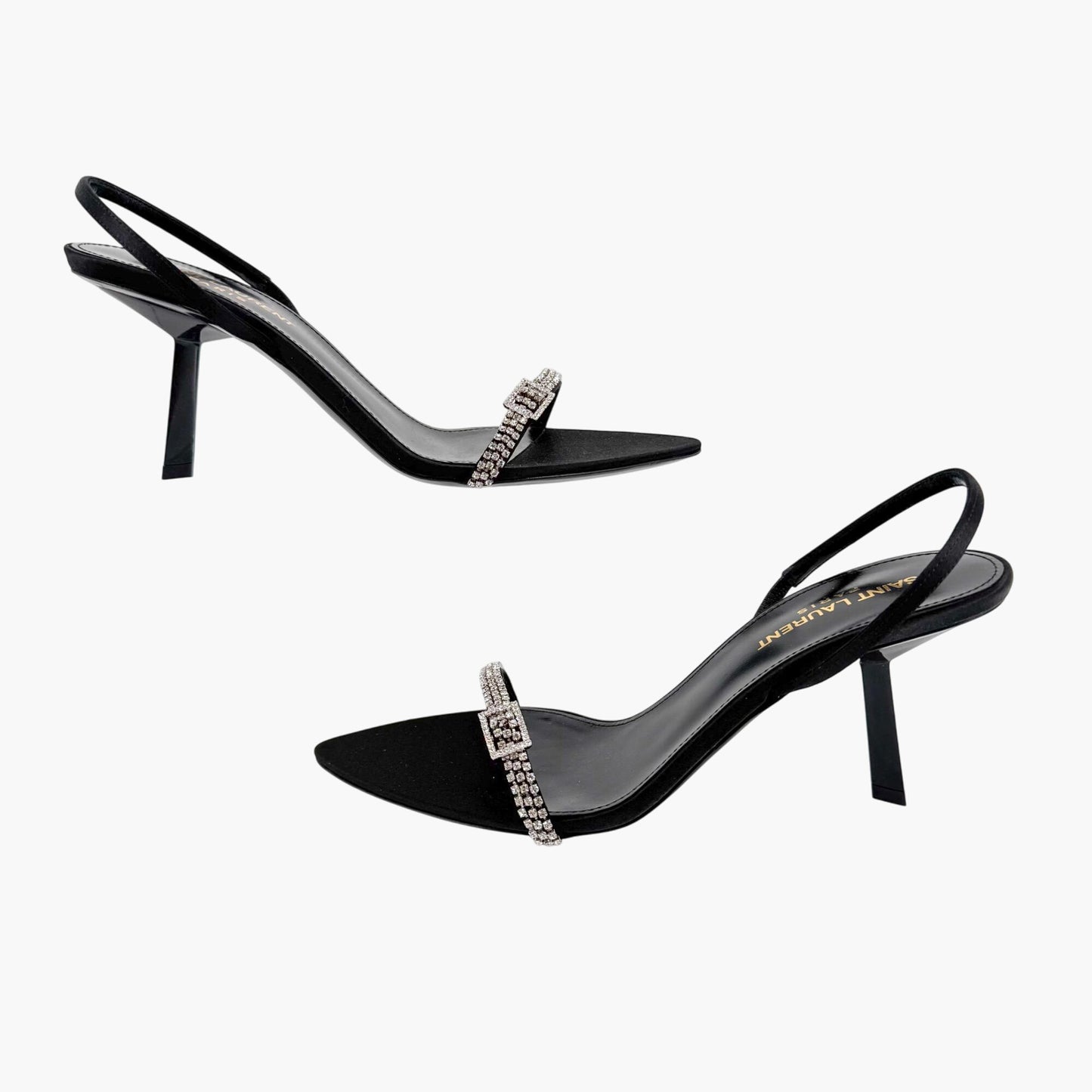 Saint Laurent Rendez Vous 75 Slingback Sandals in Black Satin with Crystals – Size 37
