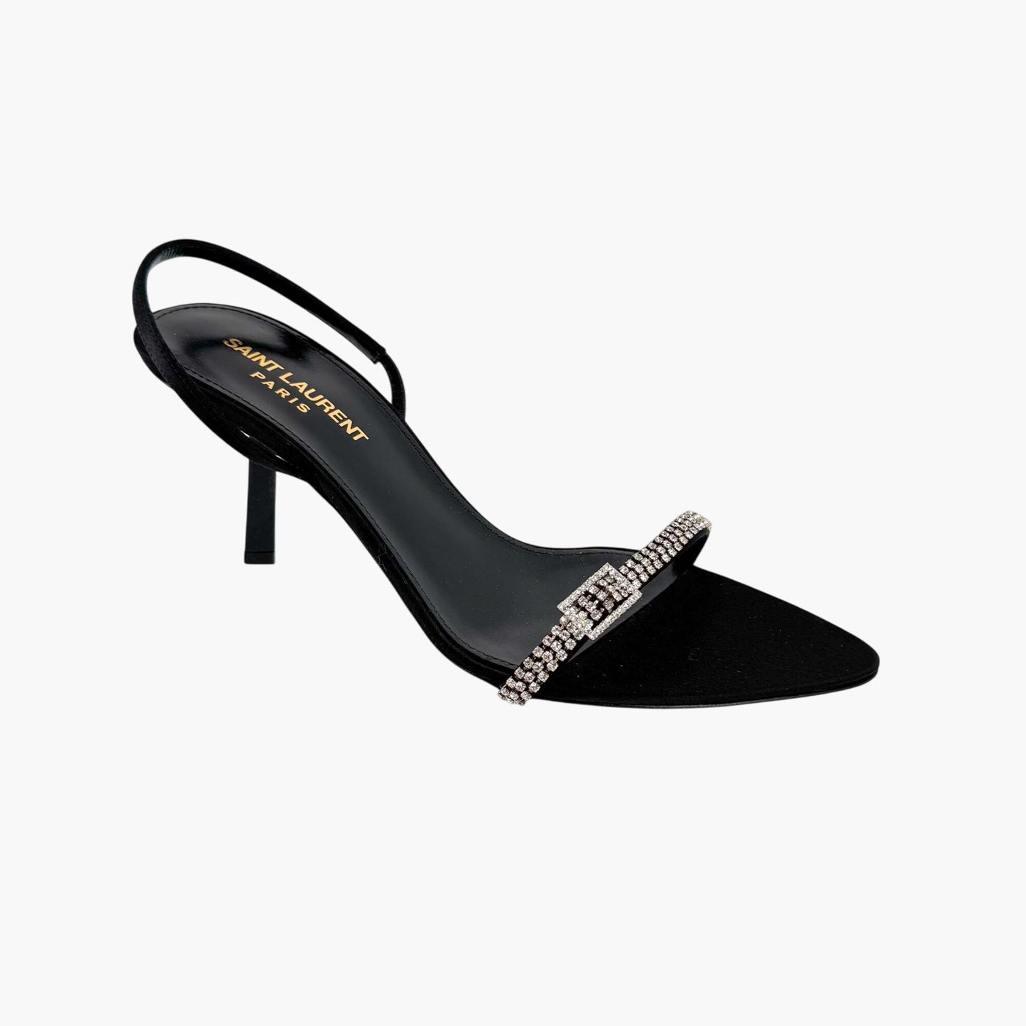 Saint Laurent Rendez Vous 75 Slingback Sandals in Black Satin with Crystals – Size 37