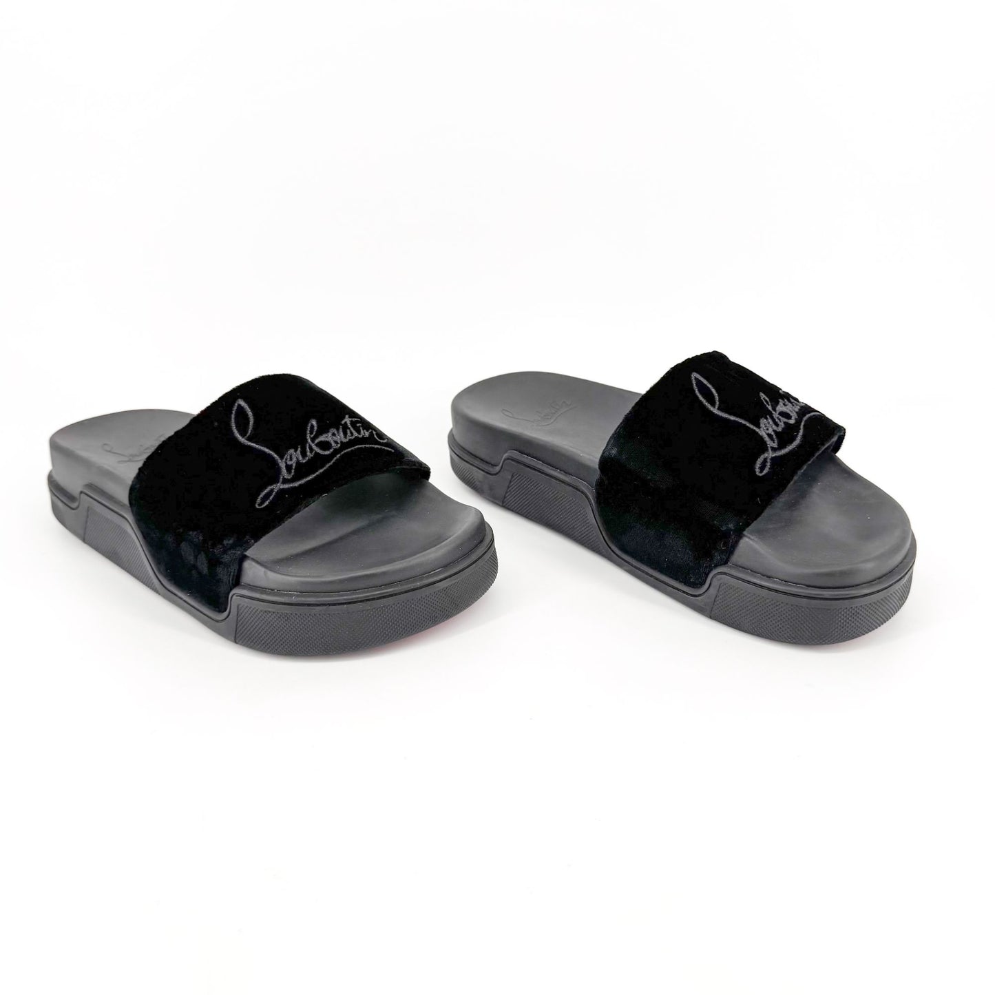 Christian Louboutin "Navy Pool" Logo Embroidered Slide Sandals in Black Velvet Size 37