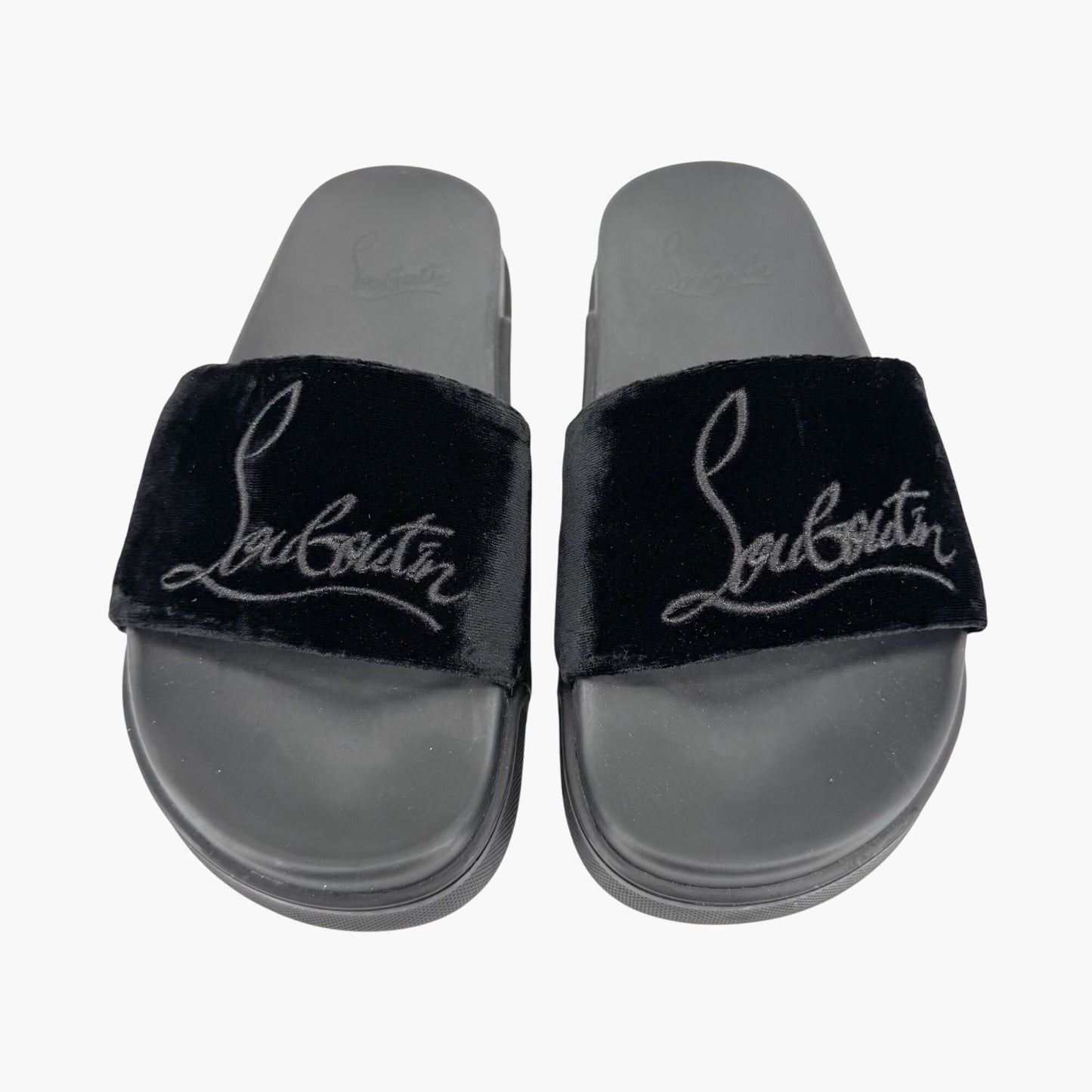 Christian Louboutin "Navy Pool" Logo Embroidered Slide Sandals in Black Velvet Size 37