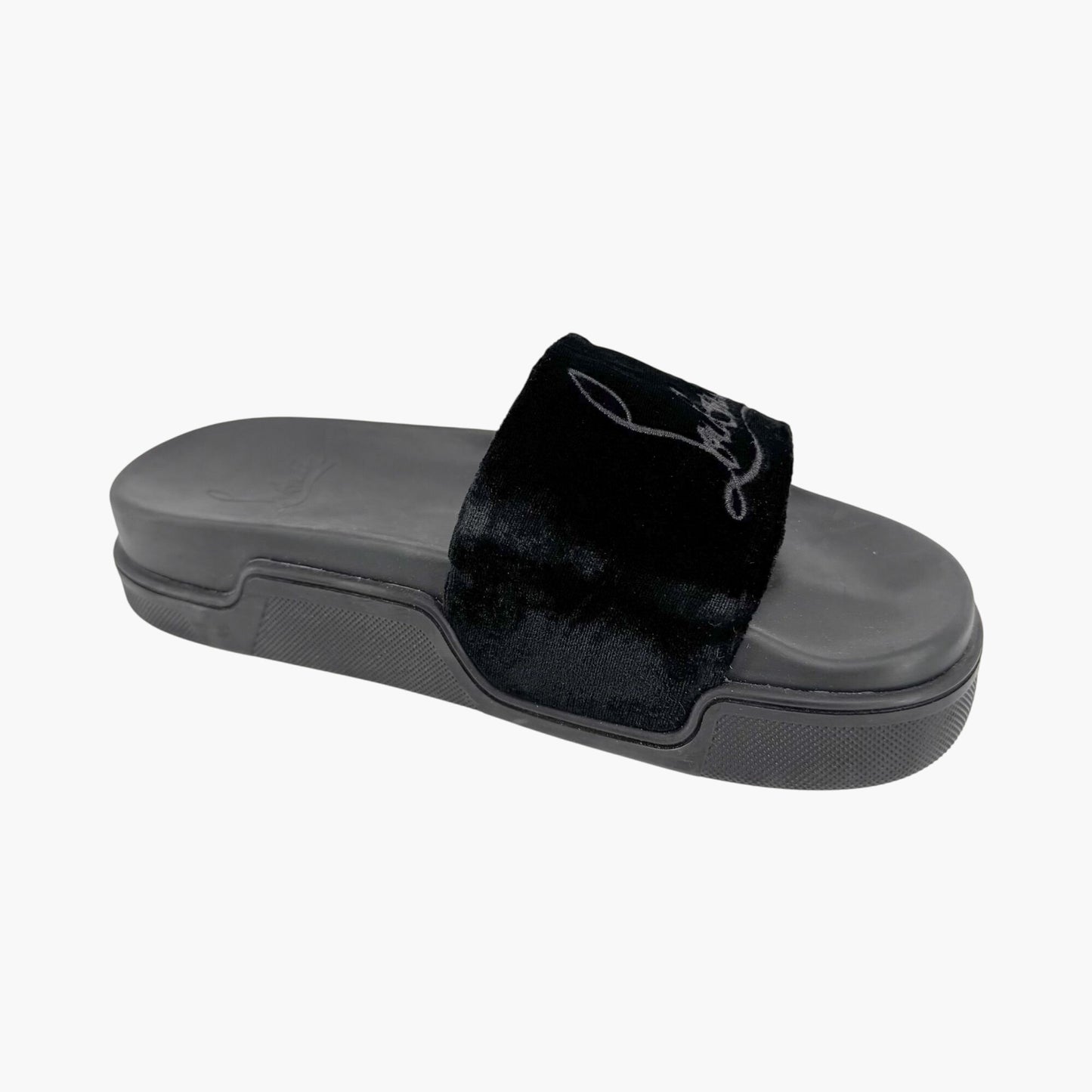 Christian Louboutin "Navy Pool" Logo Embroidered Slide Sandals in Black Velvet Size 37