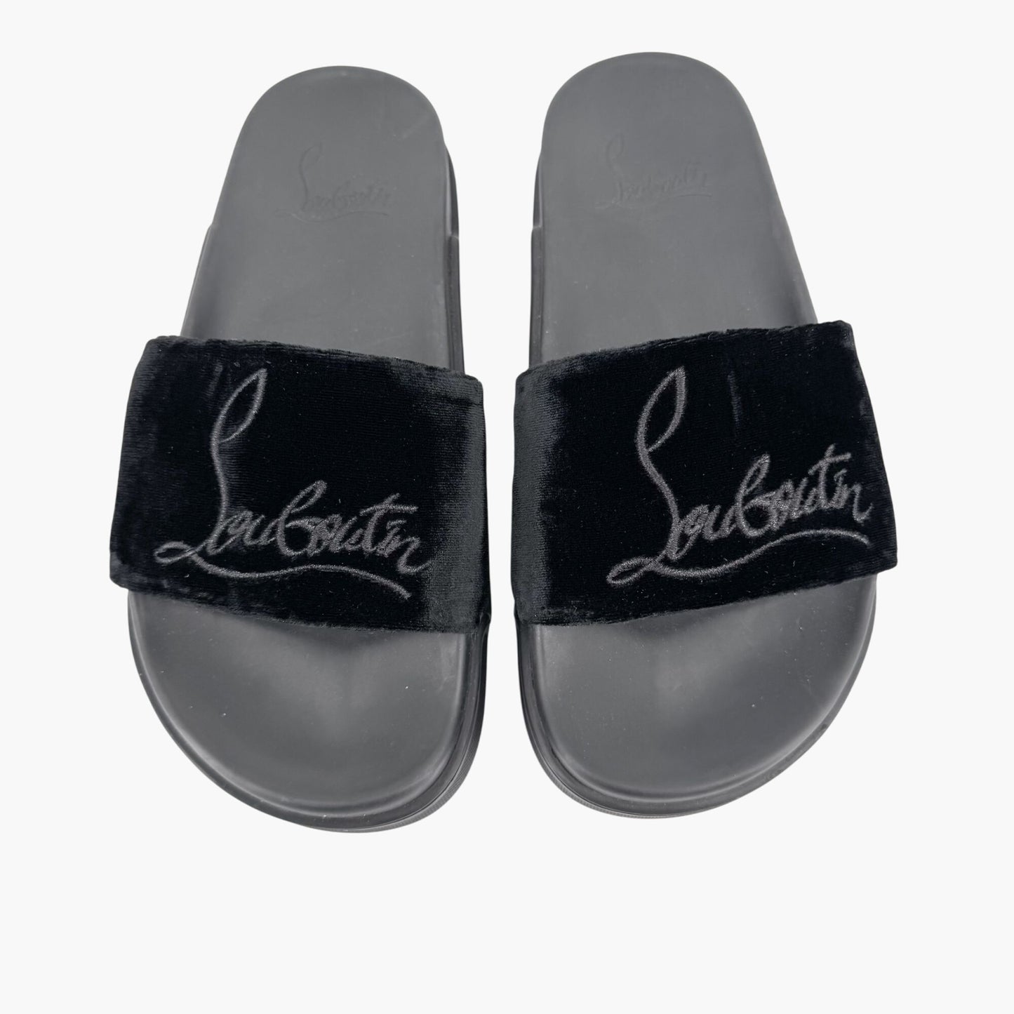 Christian Louboutin "Navy Pool" Logo Embroidered Slide Sandals in Black Velvet Size 37