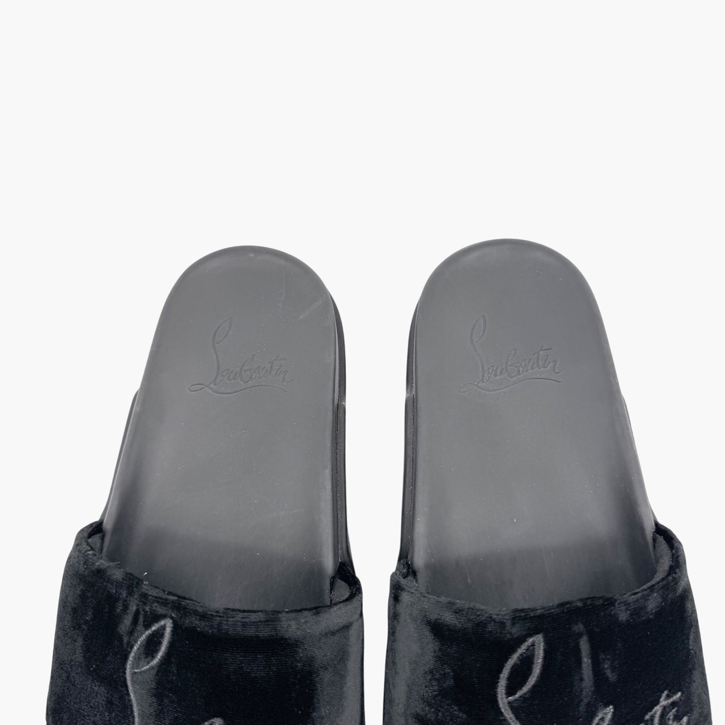 Christian Louboutin "Navy Pool" Logo Embroidered Slide Sandals in Black Velvet Size 37