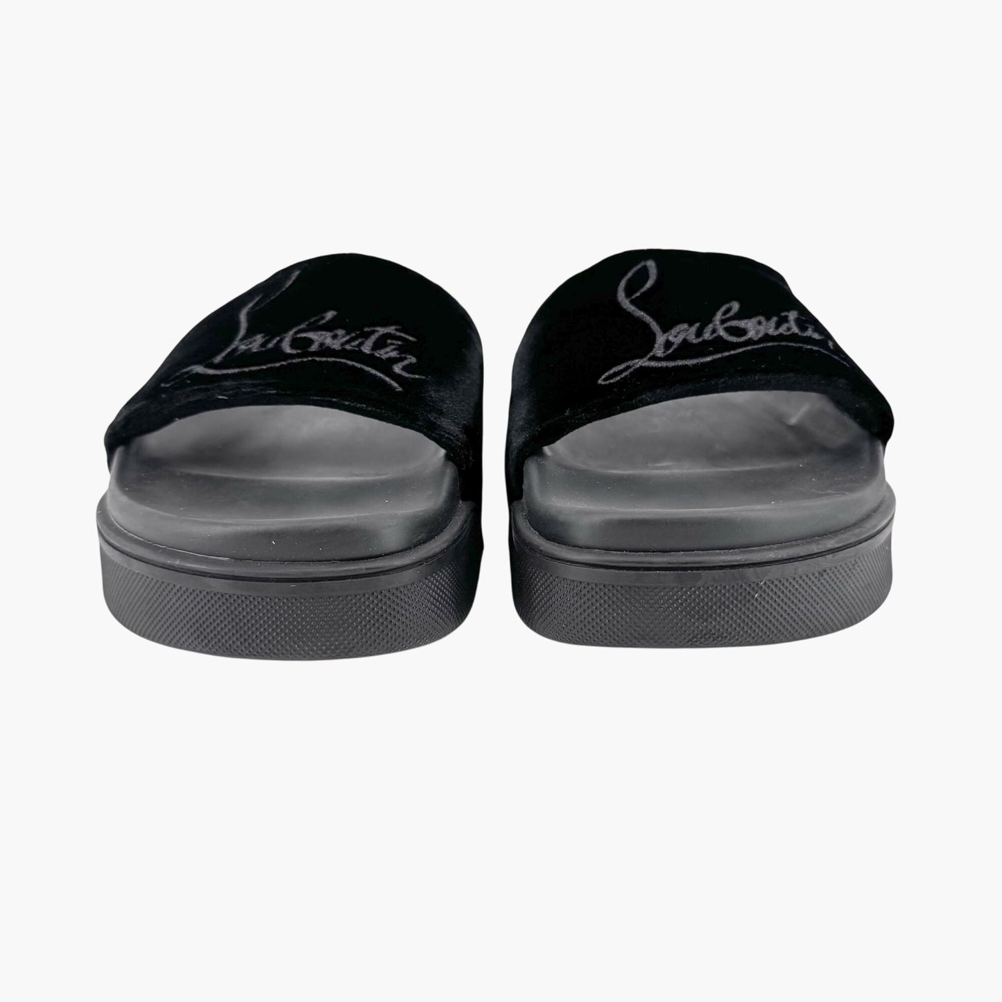 Christian Louboutin "Navy Pool" Logo Embroidered Slide Sandals in Black Velvet Size 37