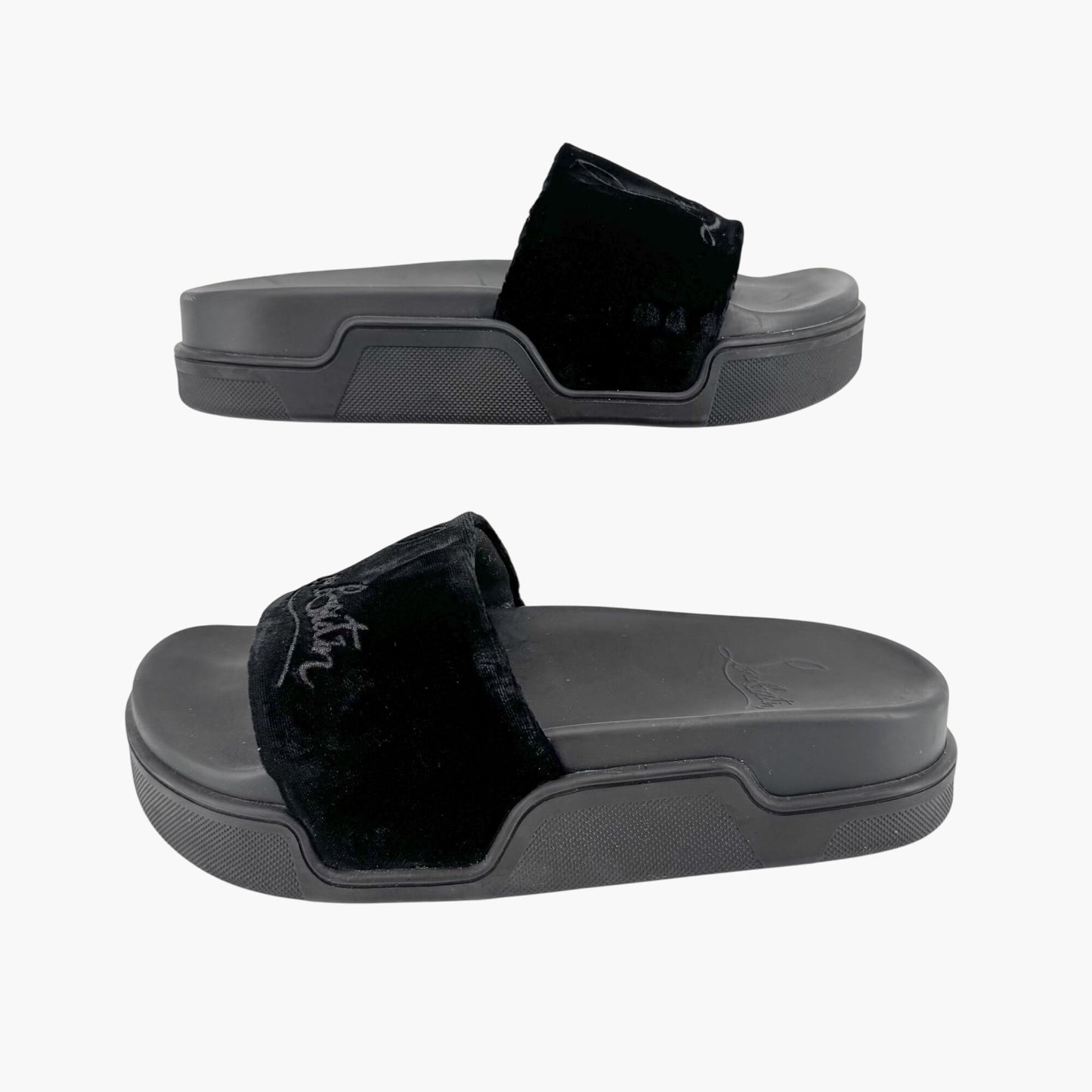 Christian Louboutin "Navy Pool" Logo Embroidered Slide Sandals in Black Velvet Size 37