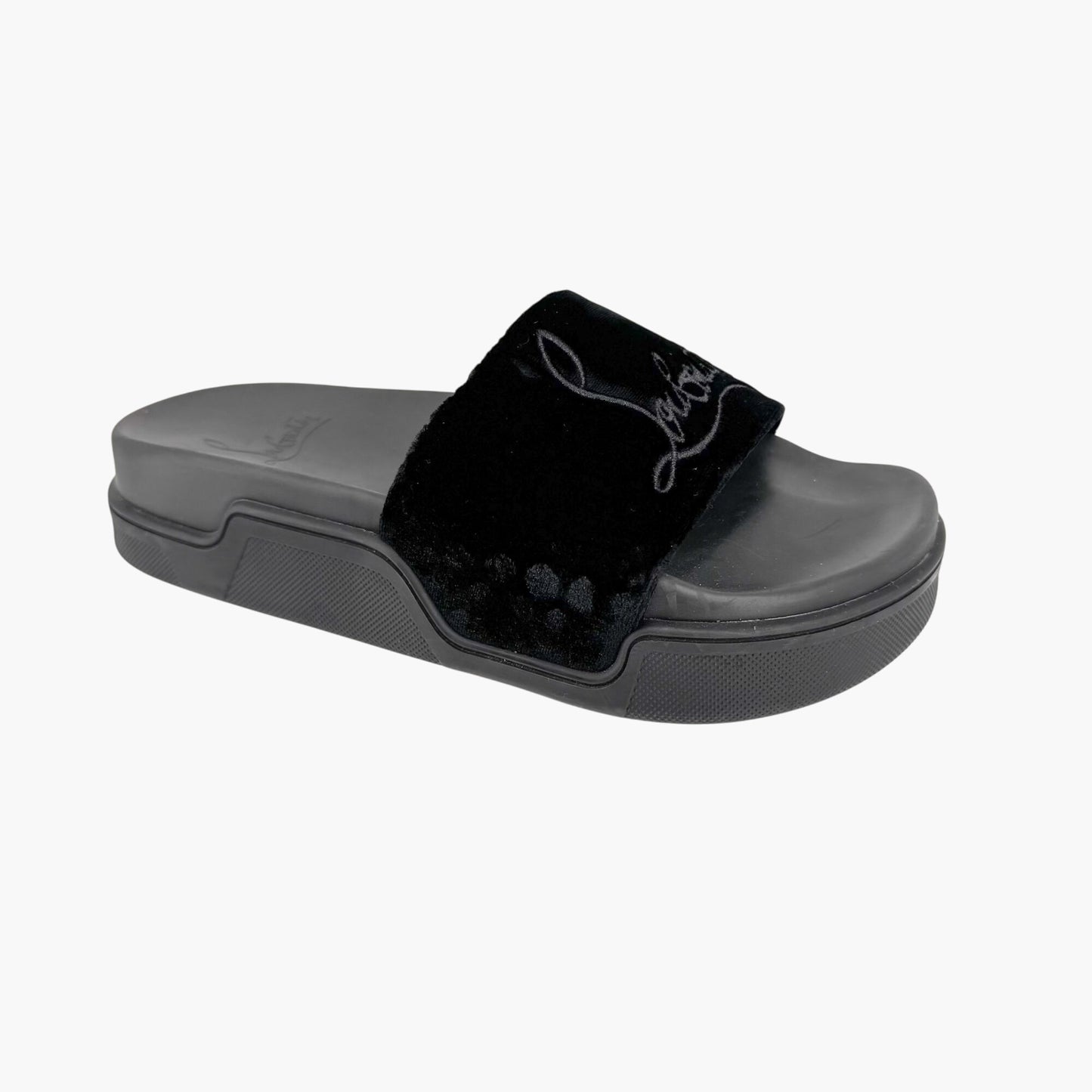 Christian Louboutin "Navy Pool" Logo Embroidered Slide Sandals in Black Velvet Size 37