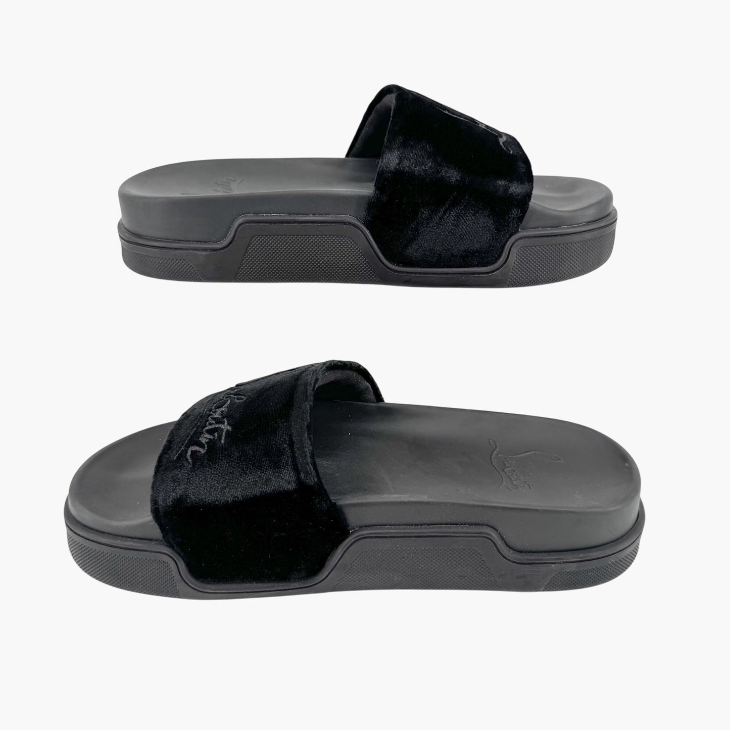 Christian Louboutin "Navy Pool" Logo Embroidered Slide Sandals in Black Velvet Size 37