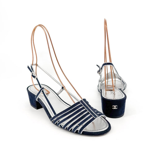 Chanel Strappy CC Block Heel Slingback Sandals in Navy Suede – Size 37