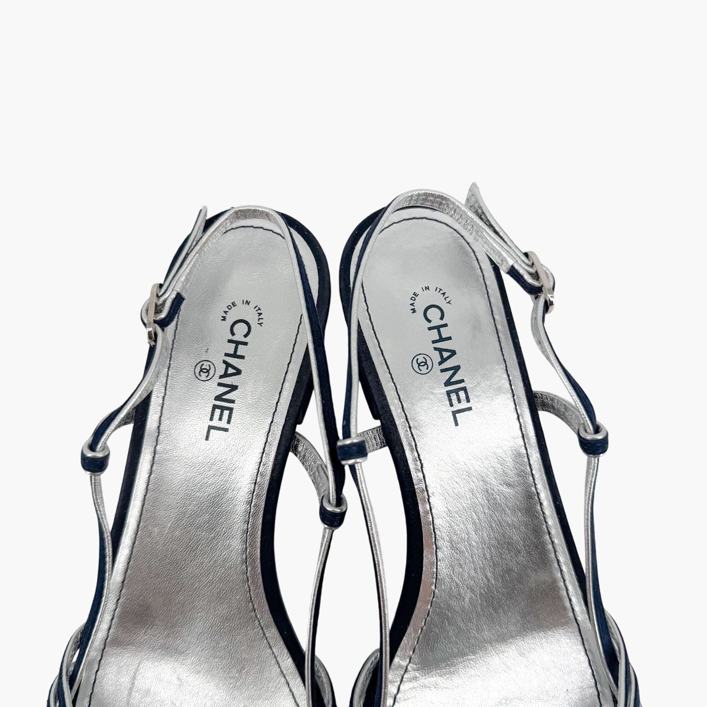 Chanel Strappy CC Block Heel Slingback Sandals in Navy Suede – Size 37
