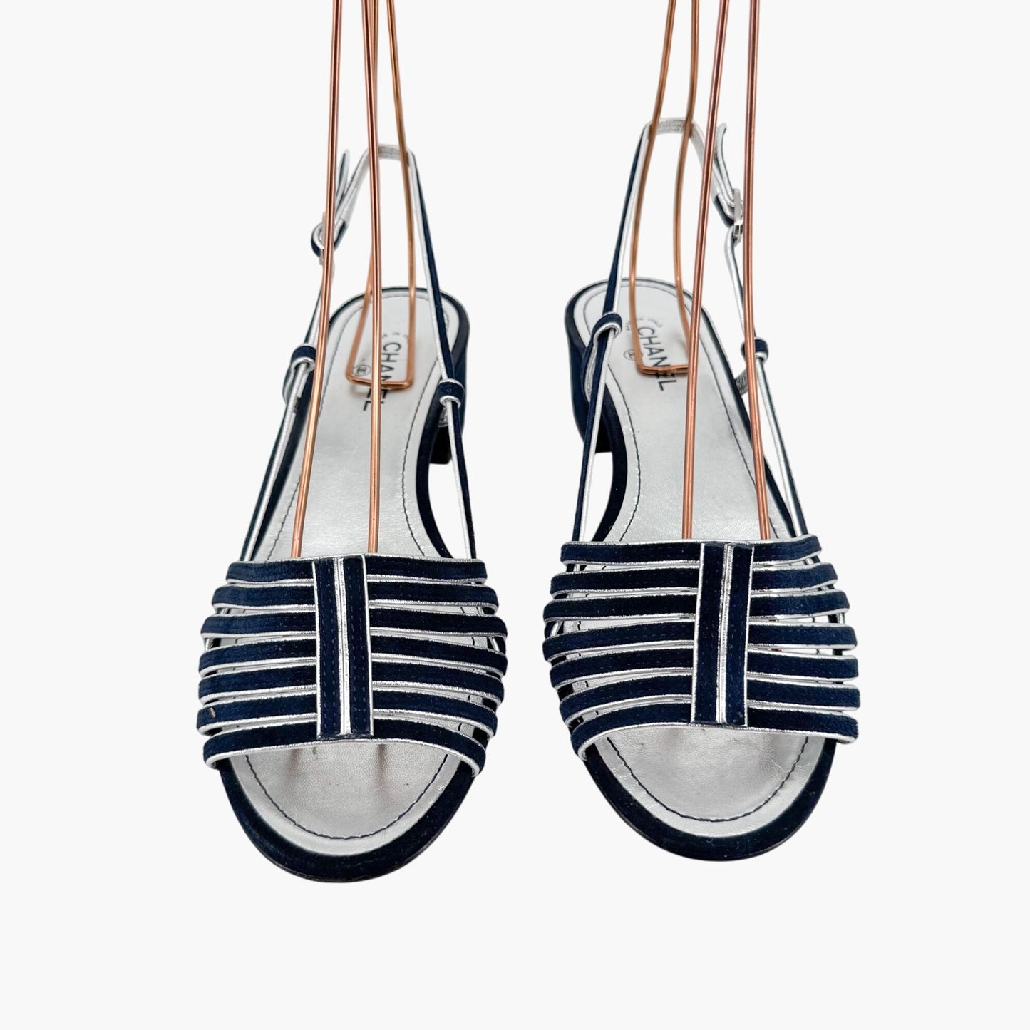 Chanel Strappy CC Block Heel Slingback Sandals in Navy Suede – Size 37