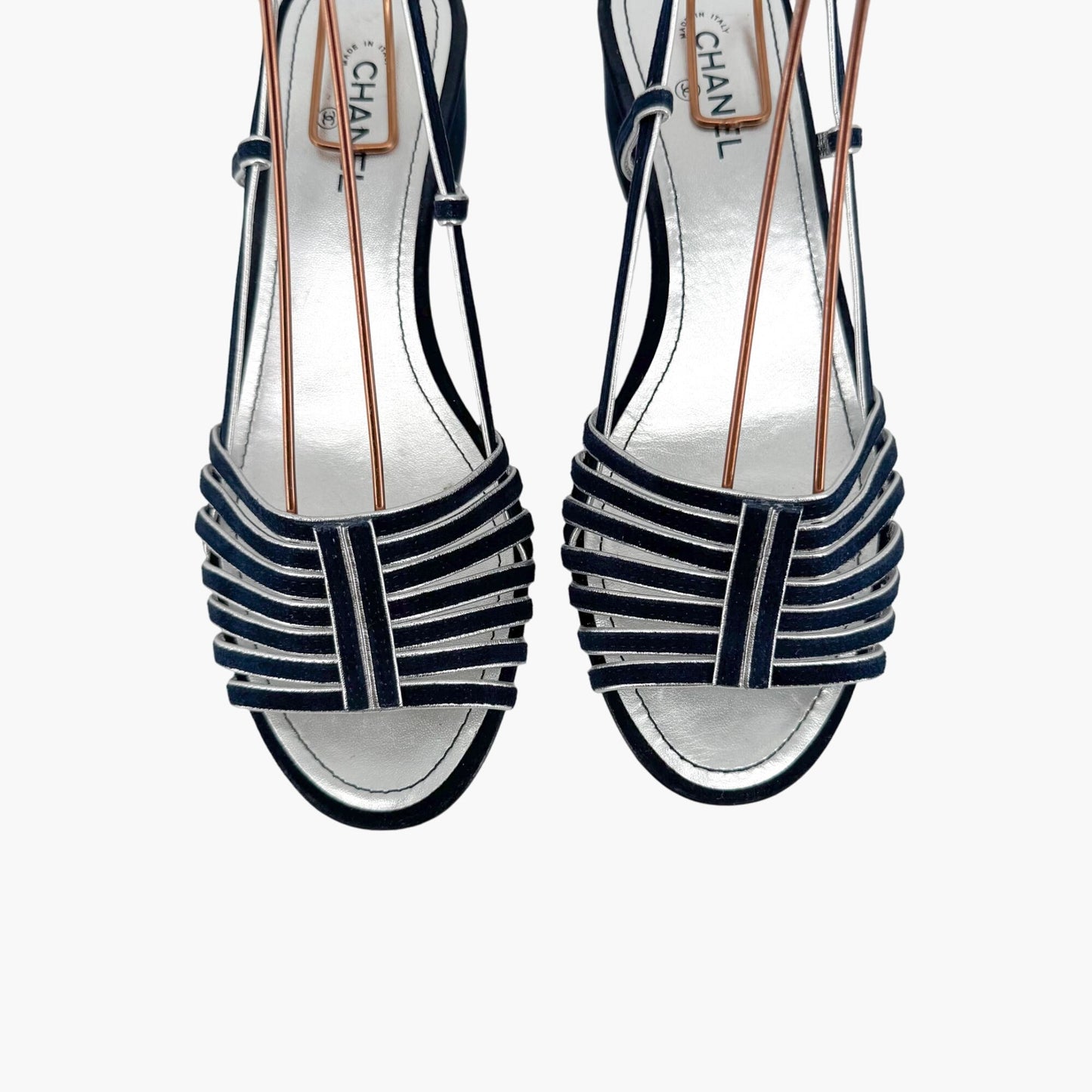 Chanel Strappy CC Block Heel Slingback Sandals in Navy Suede – Size 37