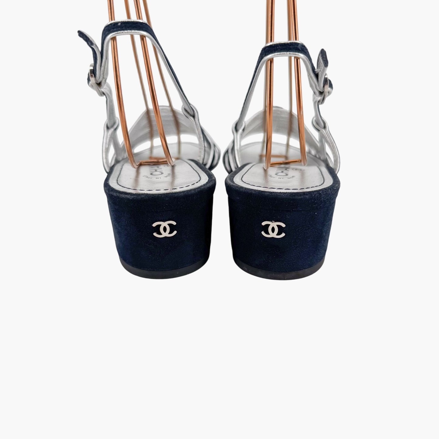 Chanel Strappy CC Block Heel Slingback Sandals in Navy Suede – Size 37