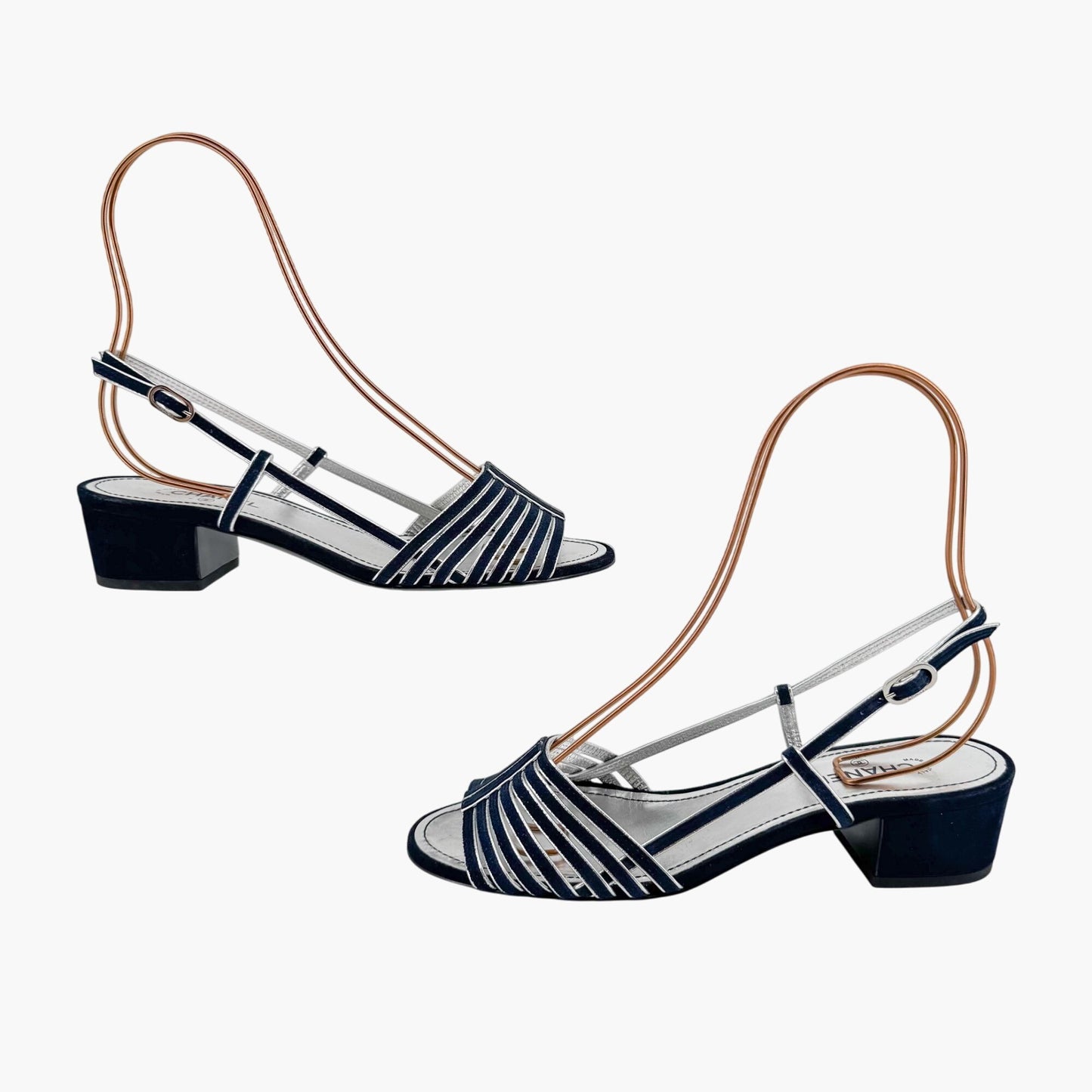 Chanel Strappy CC Block Heel Slingback Sandals in Navy Suede – Size 37
