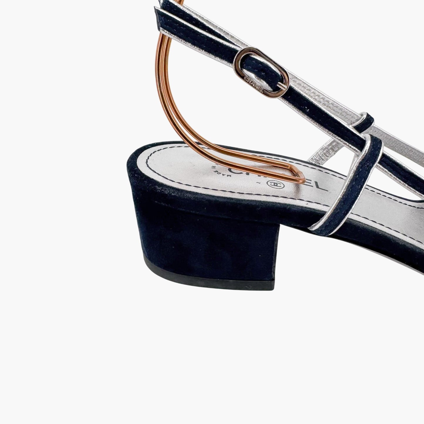 Chanel Strappy CC Block Heel Slingback Sandals in Navy Suede – Size 37