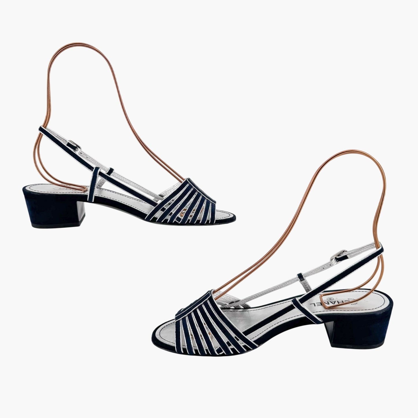 Chanel Strappy CC Block Heel Slingback Sandals in Navy Suede – Size 37
