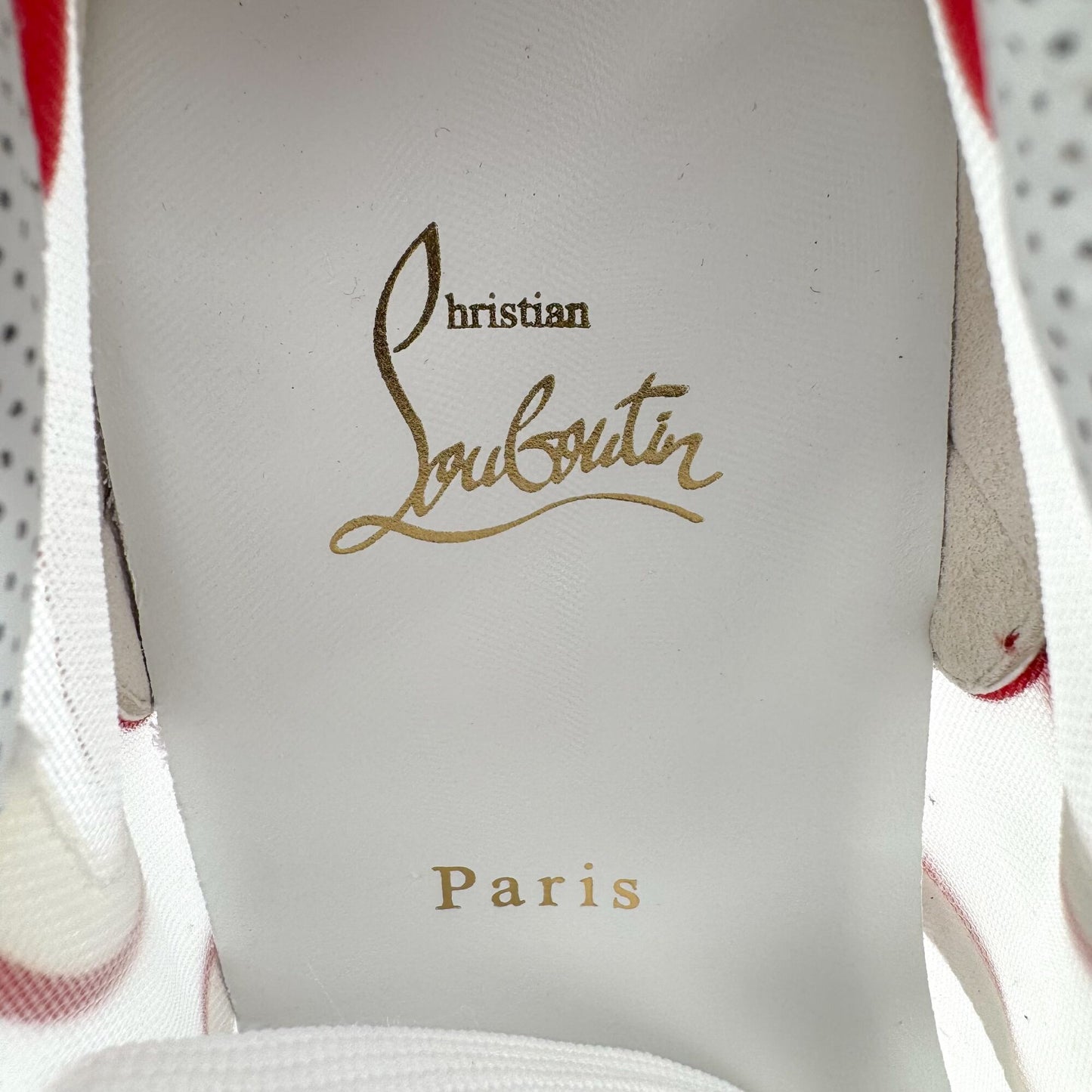Christian Louboutin Sharkina Sneakers in White Mesh & Red Patent Leather – Size 38