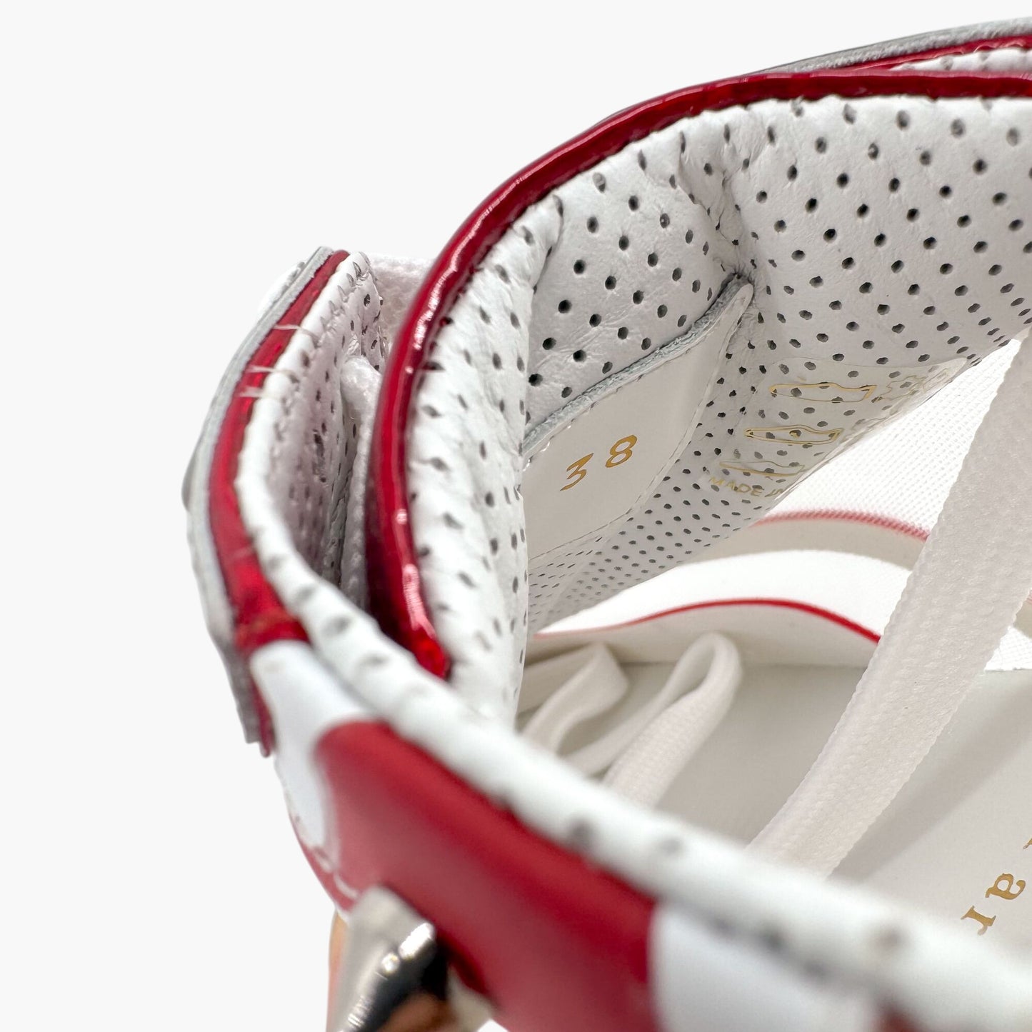 Christian Louboutin Sharkina Sneakers in White Mesh & Red Patent Leather – Size 38